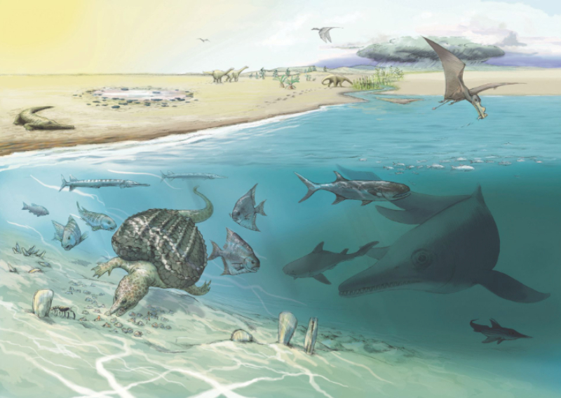 Reconstruction of a scene from 200 million years ago in what is now the Swiss High Alps. Geological deposits dating to more than 200 million years ago of an ocean that was the precursor of the Mediterranean Sea have been preserved in the Swiss High Alps. Fossils of whale-sized marine reptiles called ichthyosaurs, which came from the open sea occasionally into shallower water, have been unearthed in the Swiss High Alps.