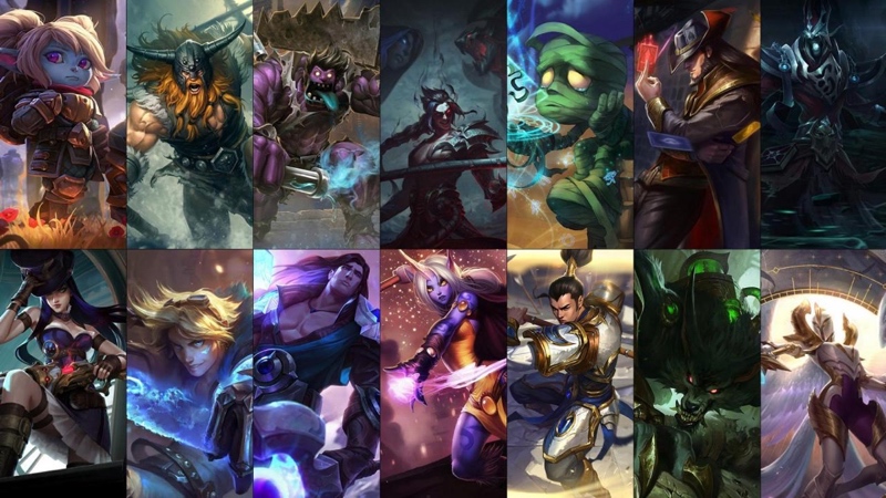 A lineup of free playable champions in League of Legends