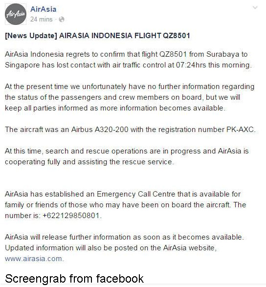 AirAsia flight from Indonesia to Singapore loses contact, AsiaOne.