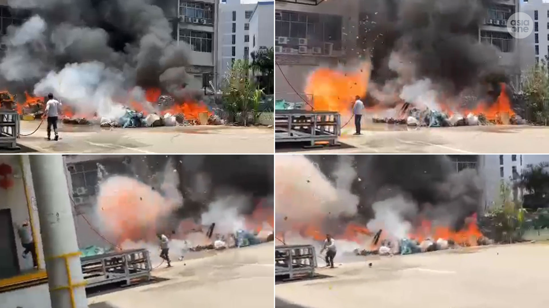 Scene breakdown showing the moments before an explosion happened in front of the worker as he was trying to douse the blaze.