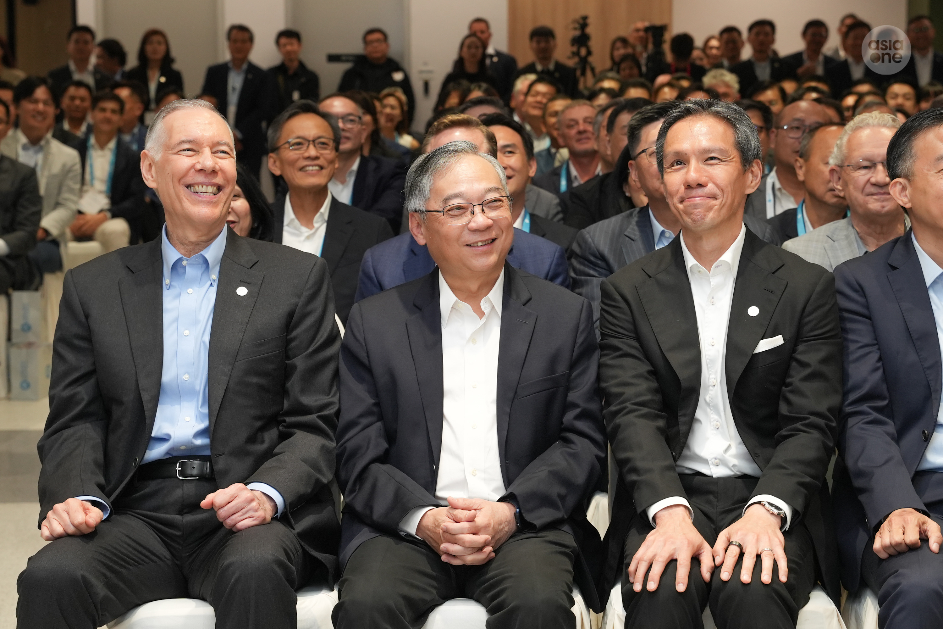 DPM Gan Kim Yong (middle), with Applied Materials' president and chief executive officer Gary Dickerson (left) and regional president Brian Tan (right) at the formal opening of Tampines campus on Wednesday (June 10).