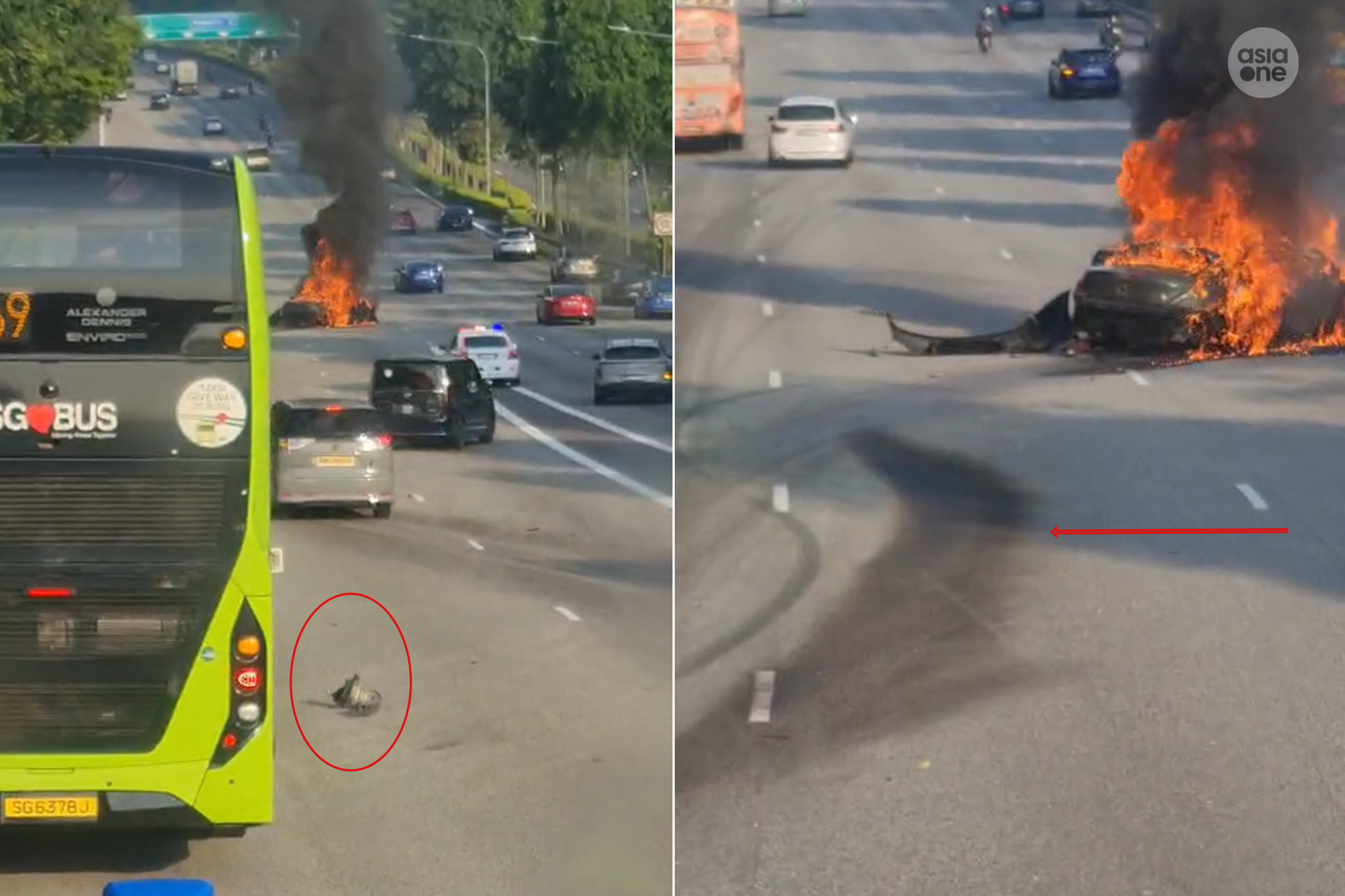 Analysing footage provided by a reader, AsiaOne observed the presence of skid marks and debris along two merging lanes from the direction of the Central Expressway, before where the BMW eventually stopped.