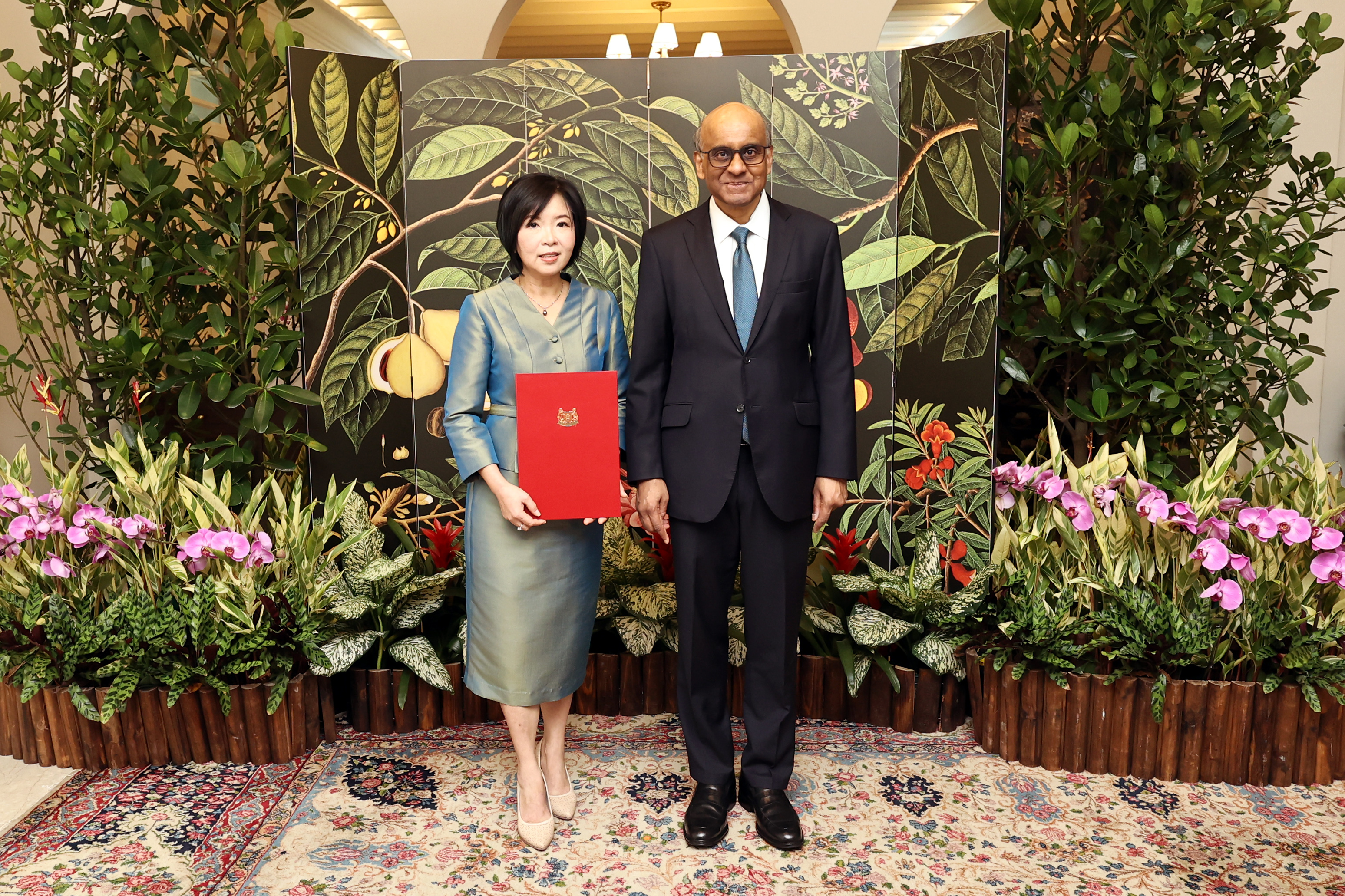 Teo Lay Cheng (left), receiving her letter of credence from President Tharman Shanmugaratnam on Tuesday (March 10). Teo has been appointed Singapore's first ambassador to Timor-Leste.