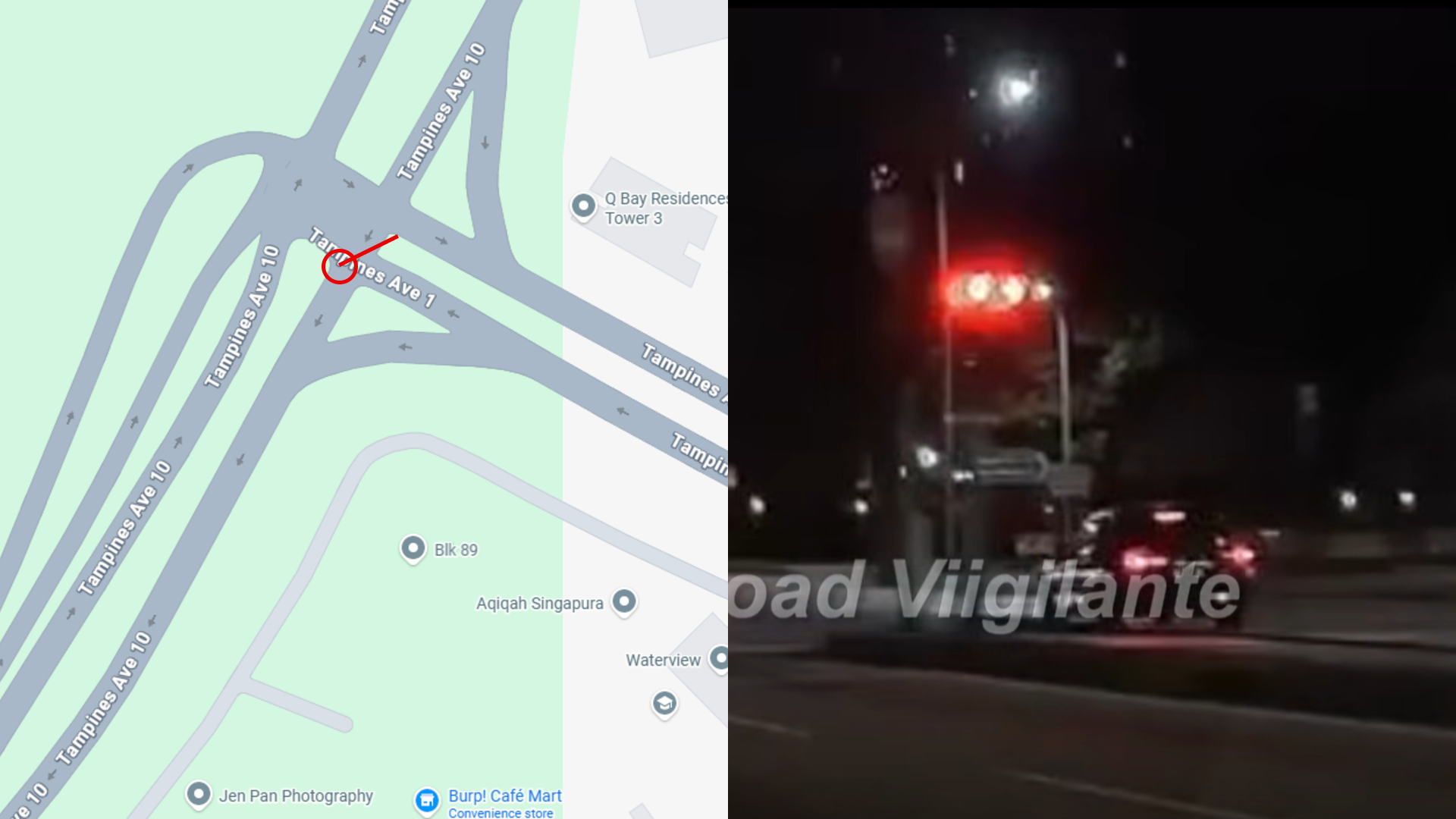 The car was later seen on dashcam footage along Tampines Avenue 10, turning right towards Tampines Avenue 1 as the traffic light turns red.