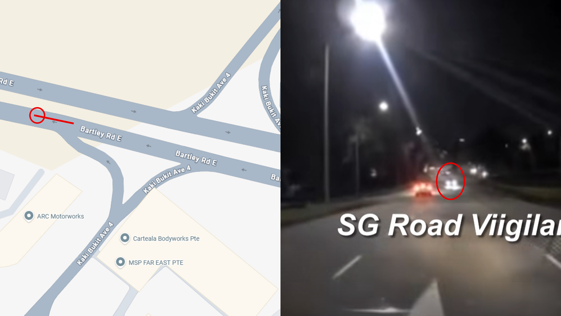 The car was first caught on a vehicle's dashcam footage along Bartley Road East, just before the junction of Kaki Bukit Avenue 4.