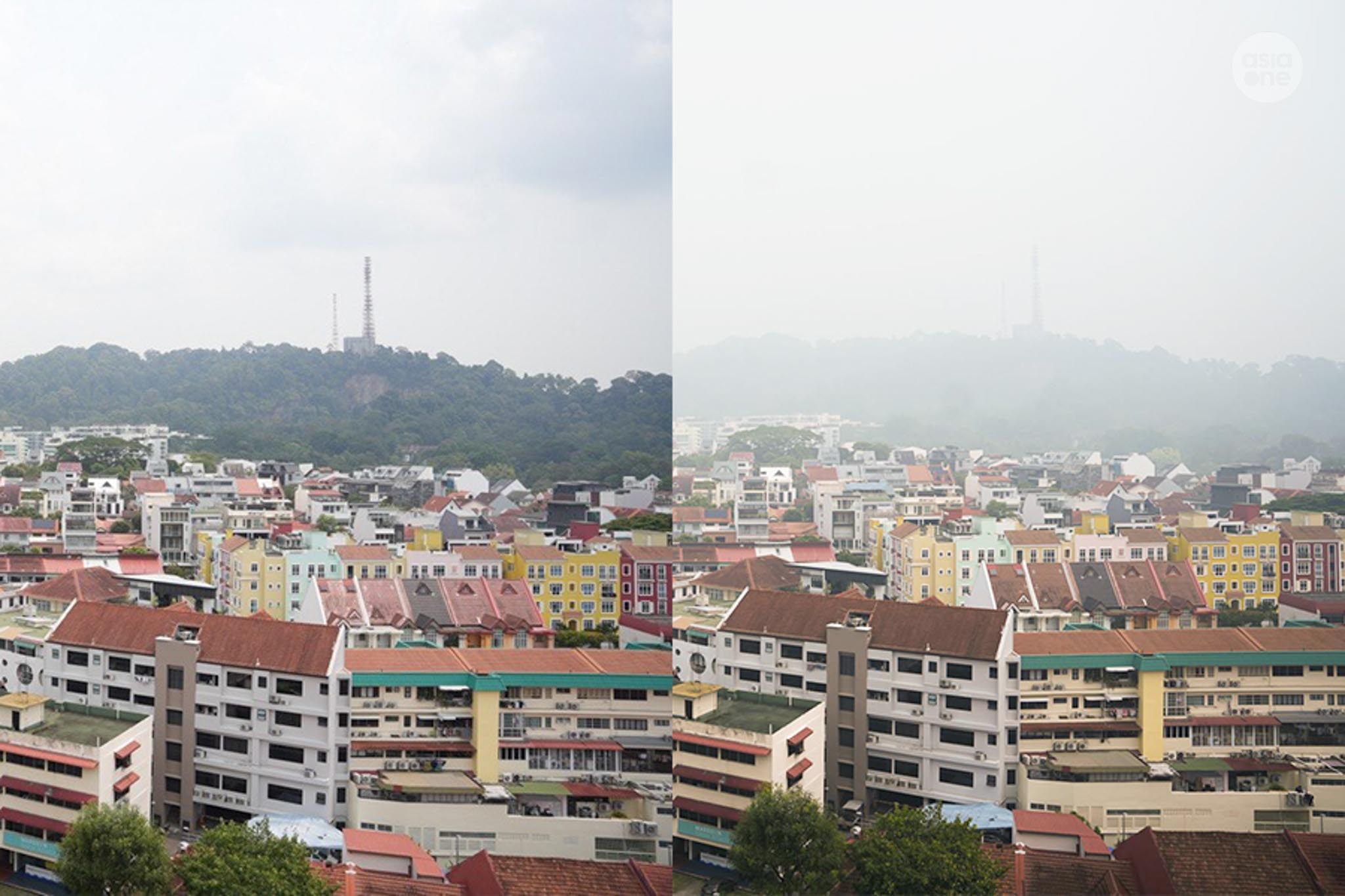 Standing at nearly the same spot one month apart, AsiaOne photojournalist Dennis Palit compares how Bukit Timah hill looked on Sept 16 (left) and on Oct 16 (right).