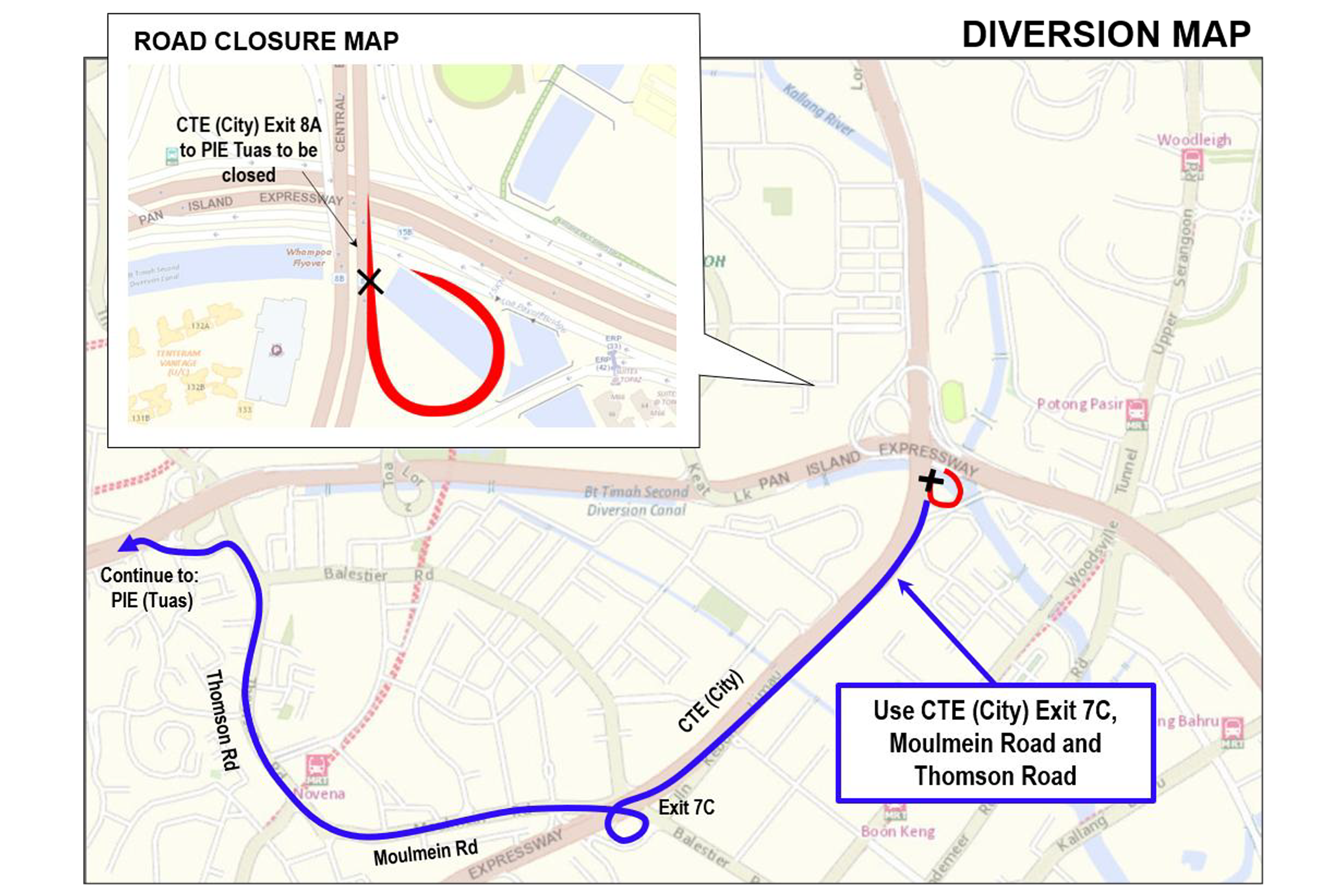 Map showing alternative route to access PIE (Tuas) during the closure of CTE Exit 8A.