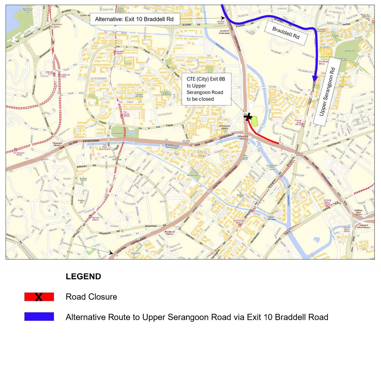 Alternative route during the temporary closures of Exit 8B at the city-bound CTE.