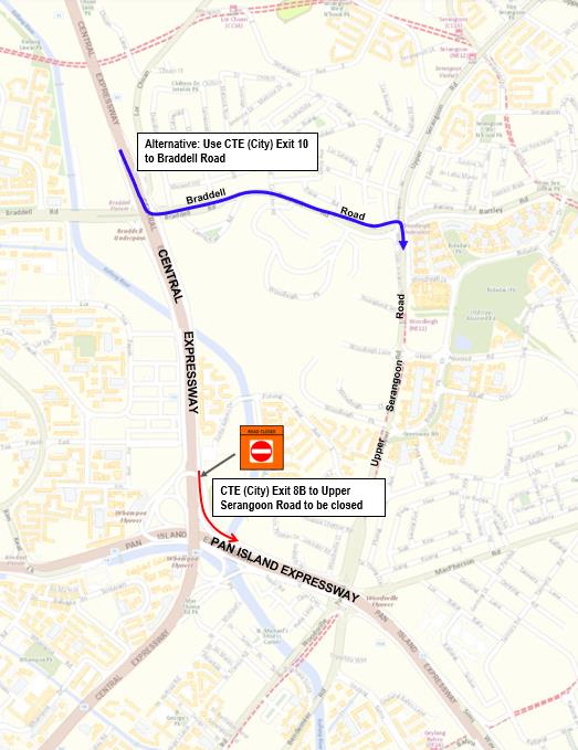 Alternative route during the temporary closure of CTE Exit 8B on the city-bound CTE.