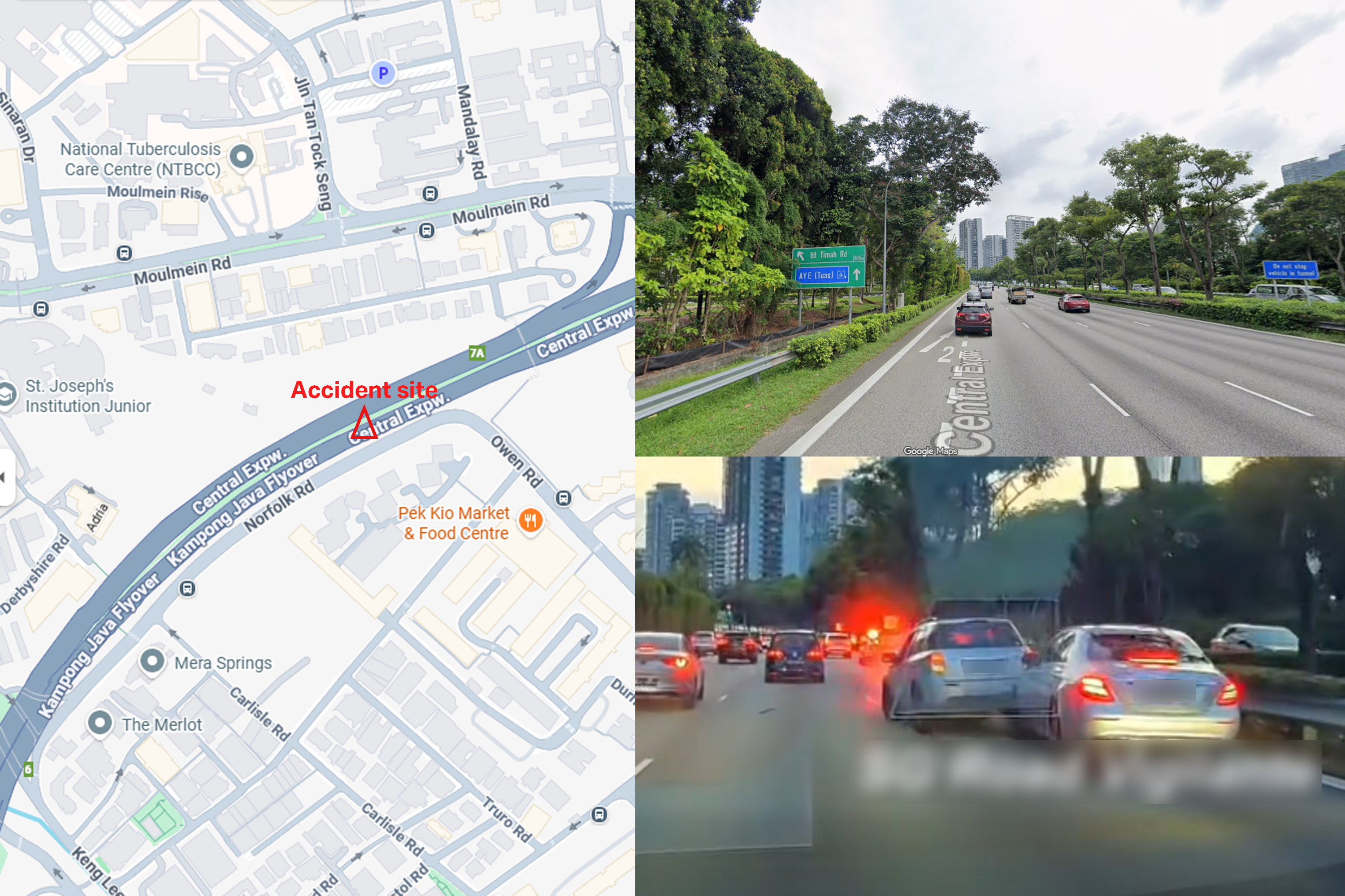Map showing where the five-vehicle pileup happened.