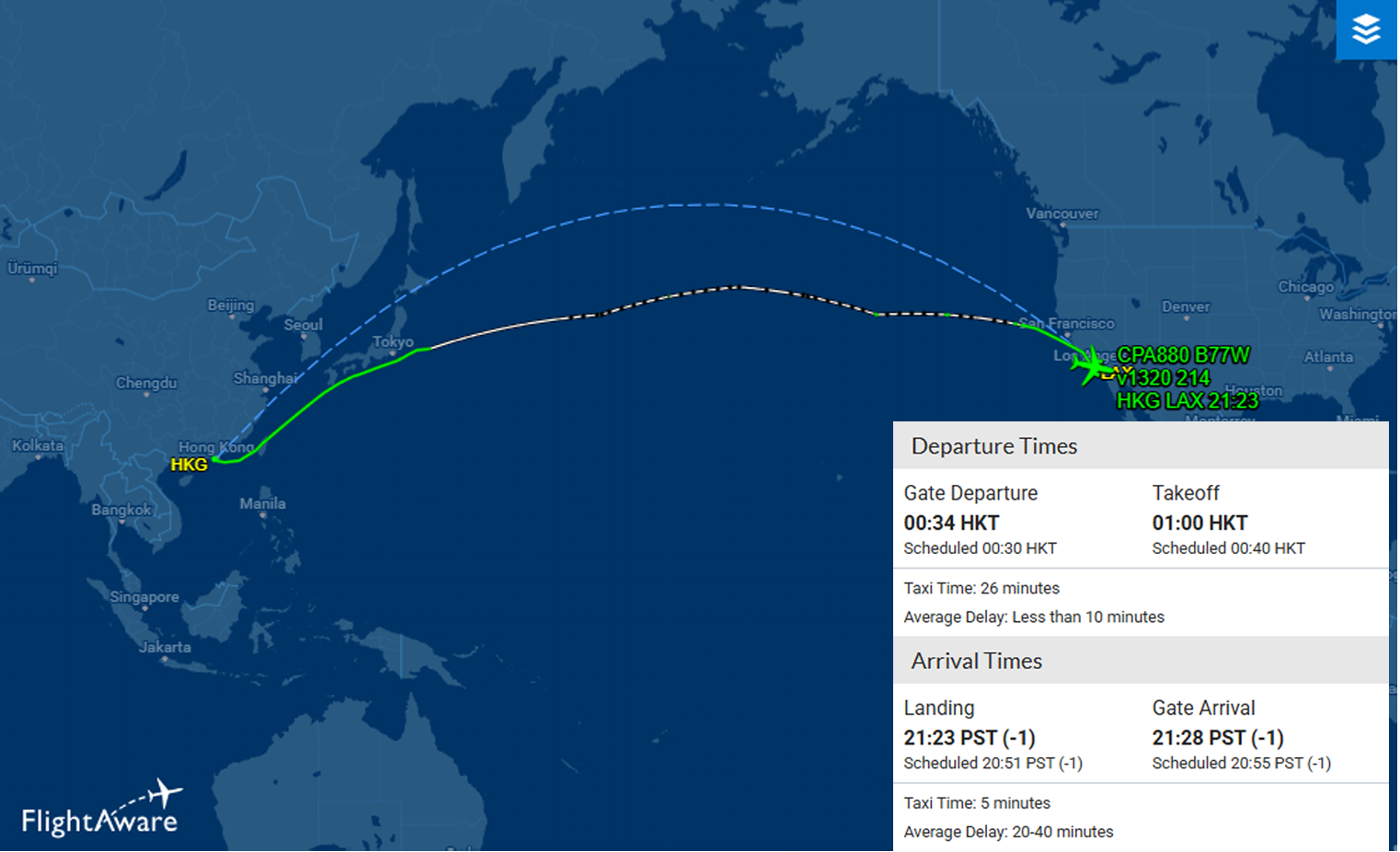 Cathay Pacific's Flight CX880 took off on Jan 1, 2026, and landed in Los Angeles on Dec 31, 2025.