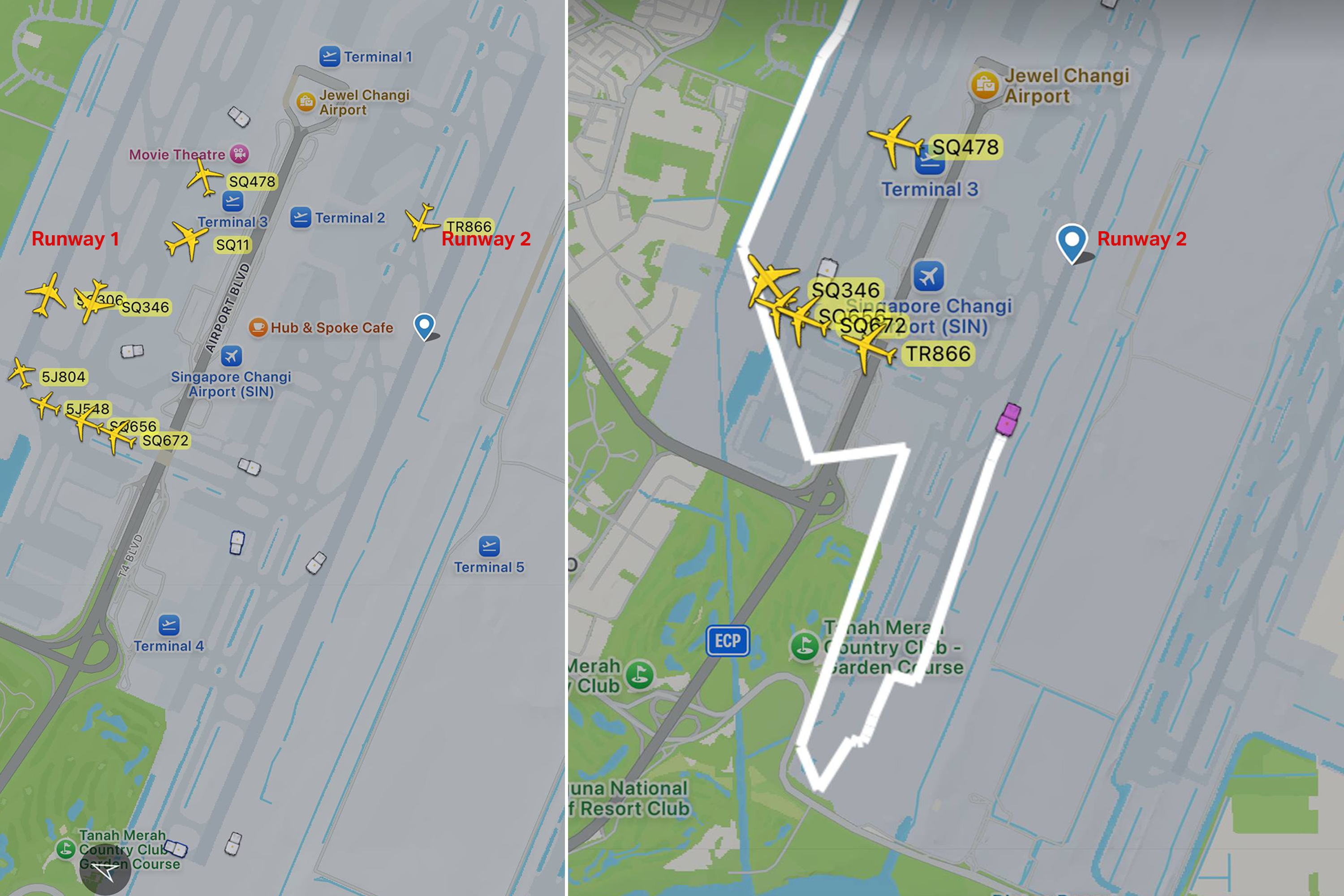 Shortly after Scoot flight TR866 taxied to Runway 1, ground vehicles were seen positioning themselves along Runway 2.