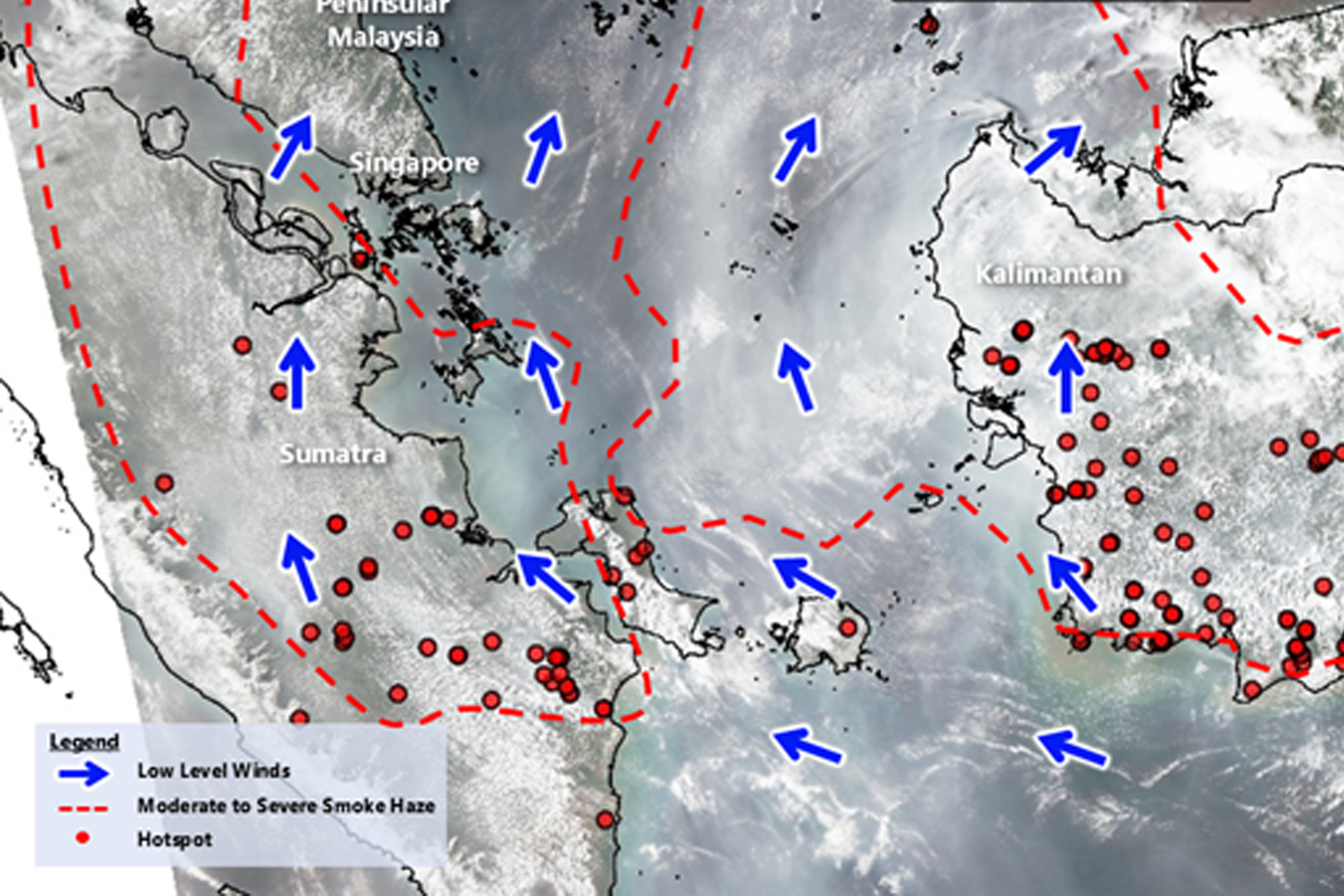 NEA's weather satellite imagery at 1.47pm on Sept 7 showing hot spots in southern and central Sumatra and Kalimantan.