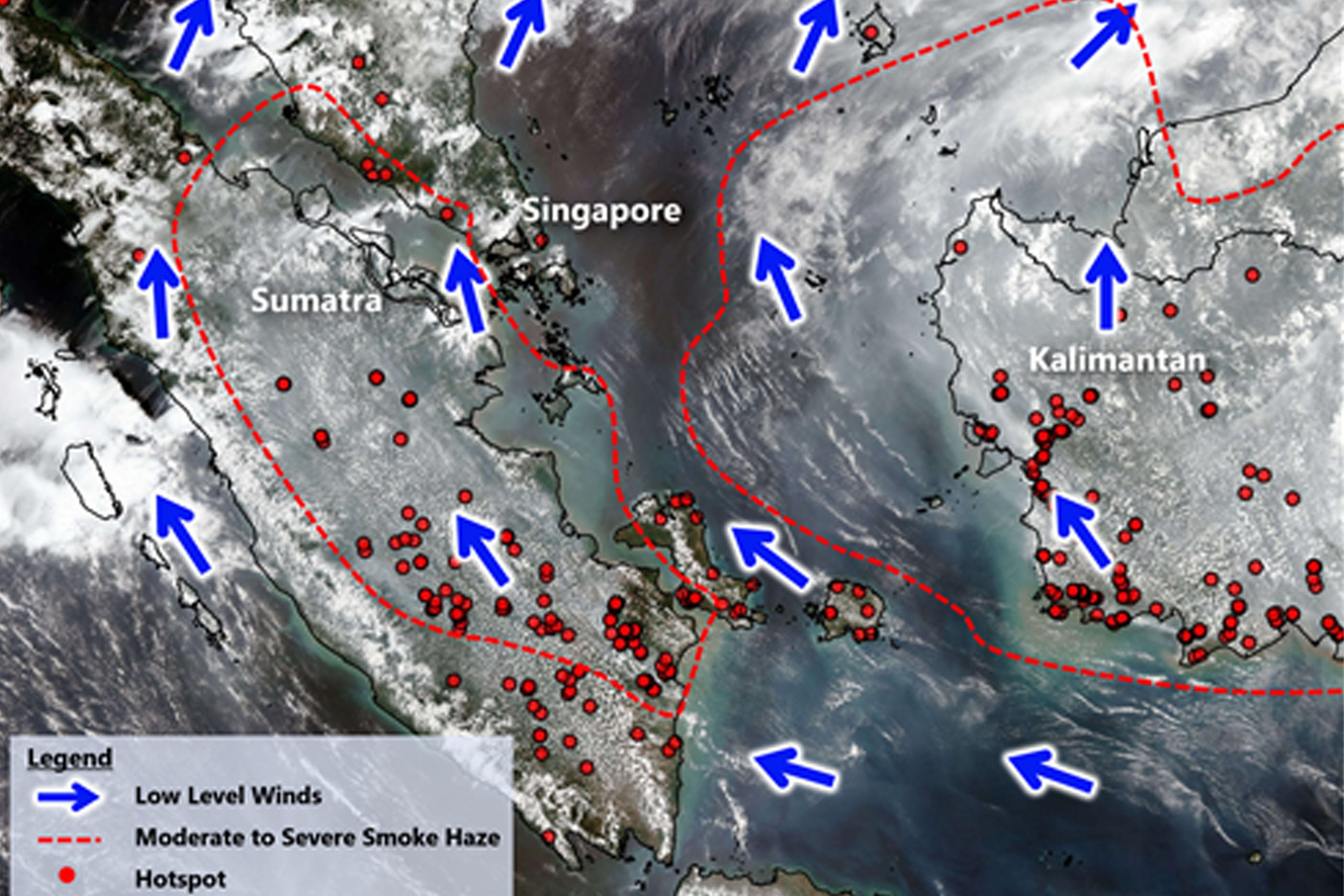 NEA's weather satellite pass at 2.12pm showing hotspots around Singapore.