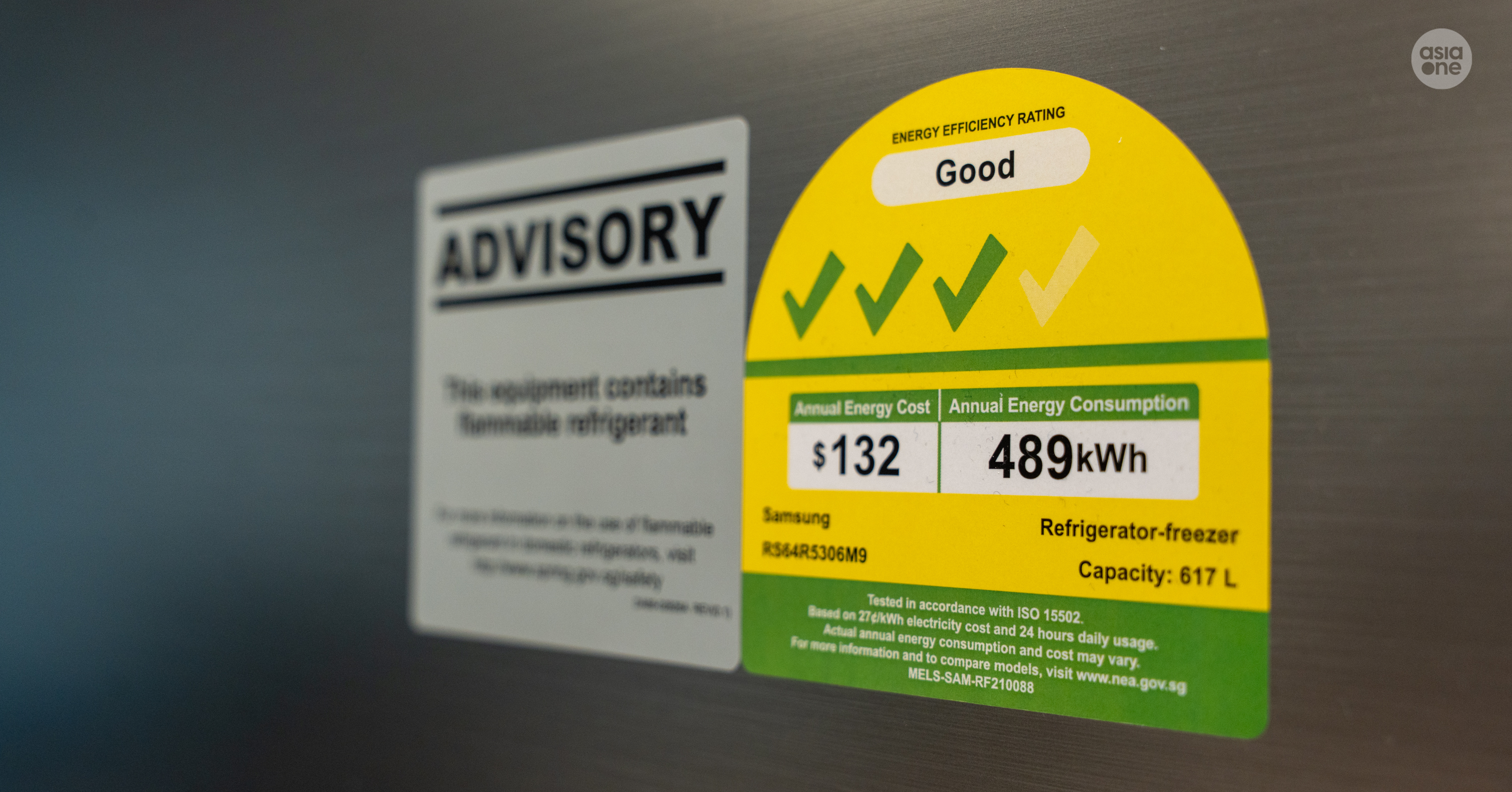 An energy efficiency label on a refrigerator.