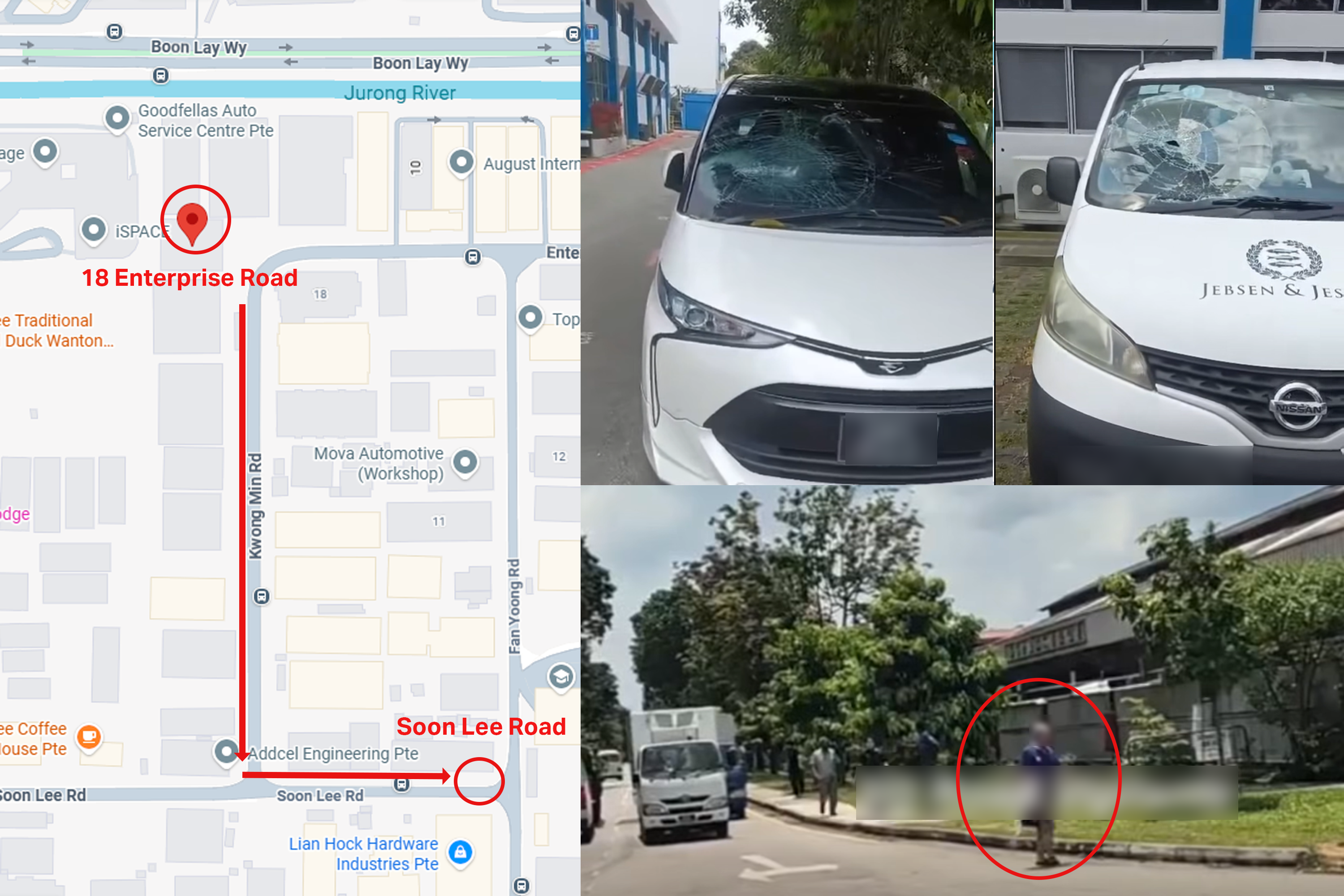 Map showing where damaged vehicles were seen, and where the man was later found at.