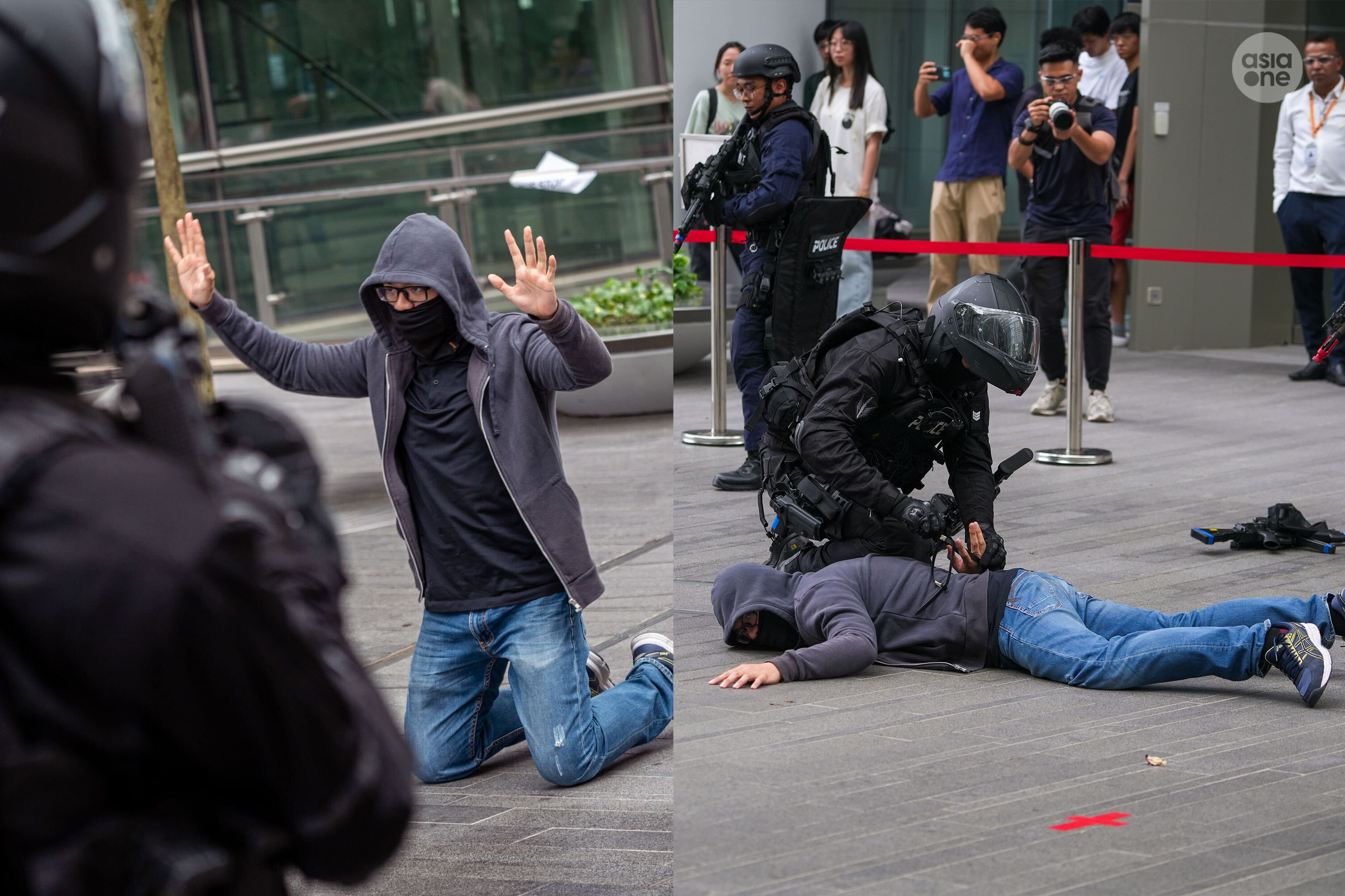 The police's ERT officers formed a cordon as PTU officers closed in on the last "gunman". He decided to surrender.