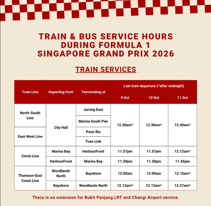 Extension of train services on MRT's NSL, EWL, CCL and TEL on race nights during the F1 Singapore Grand Prix from Oct 9 to 11. 