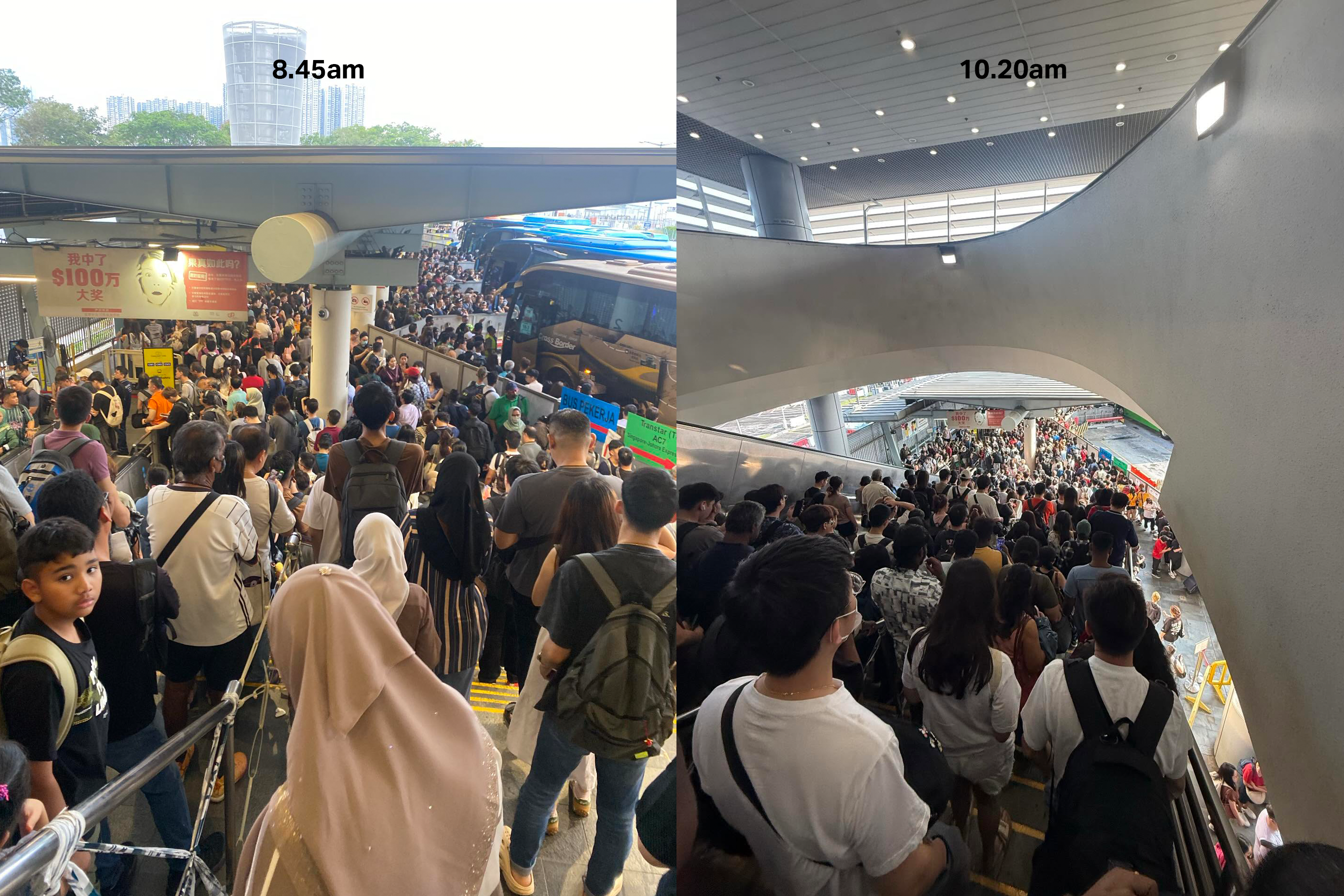 Queues for buses to cross the Causeway extended up the staircase leading to the departure hall at Woodlands Checkpoint on Friday (April 3) morning.