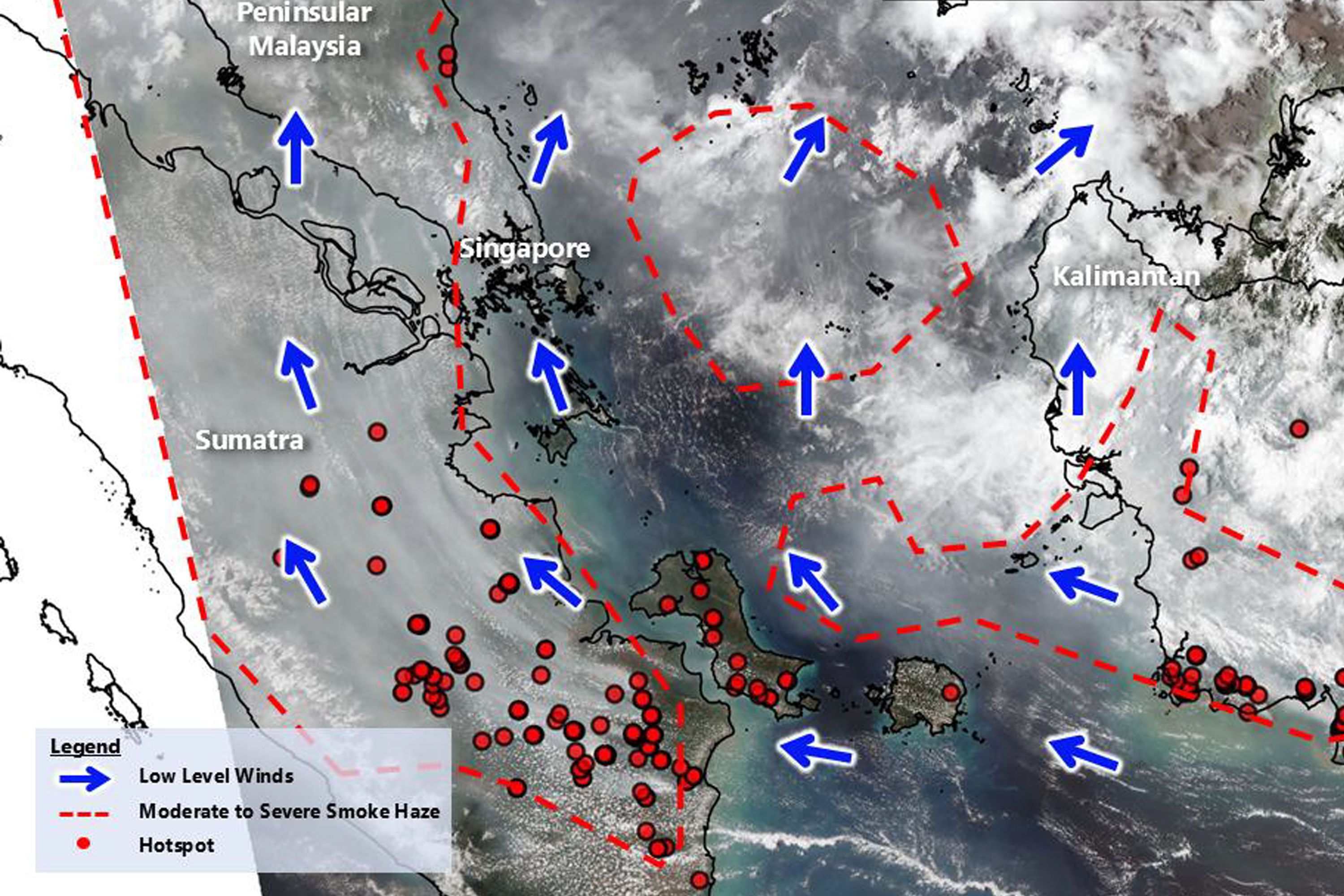 NEA's weather satellite pass at 1.41pm on Sept 16 showing that prevailing winds have brought smoke haze from the southern parts of Sumatra towards Singapore.