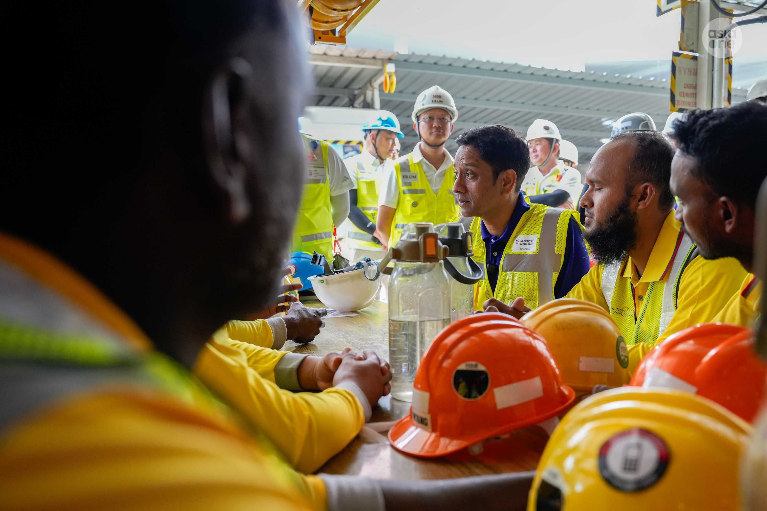 Workers at Hwa Seng Builders' LTA worksite in Tampines are issued with BPA-free bottles so that they can remain hydrated. There are also designated bottle racks near their places of work to safely store away the bottles.