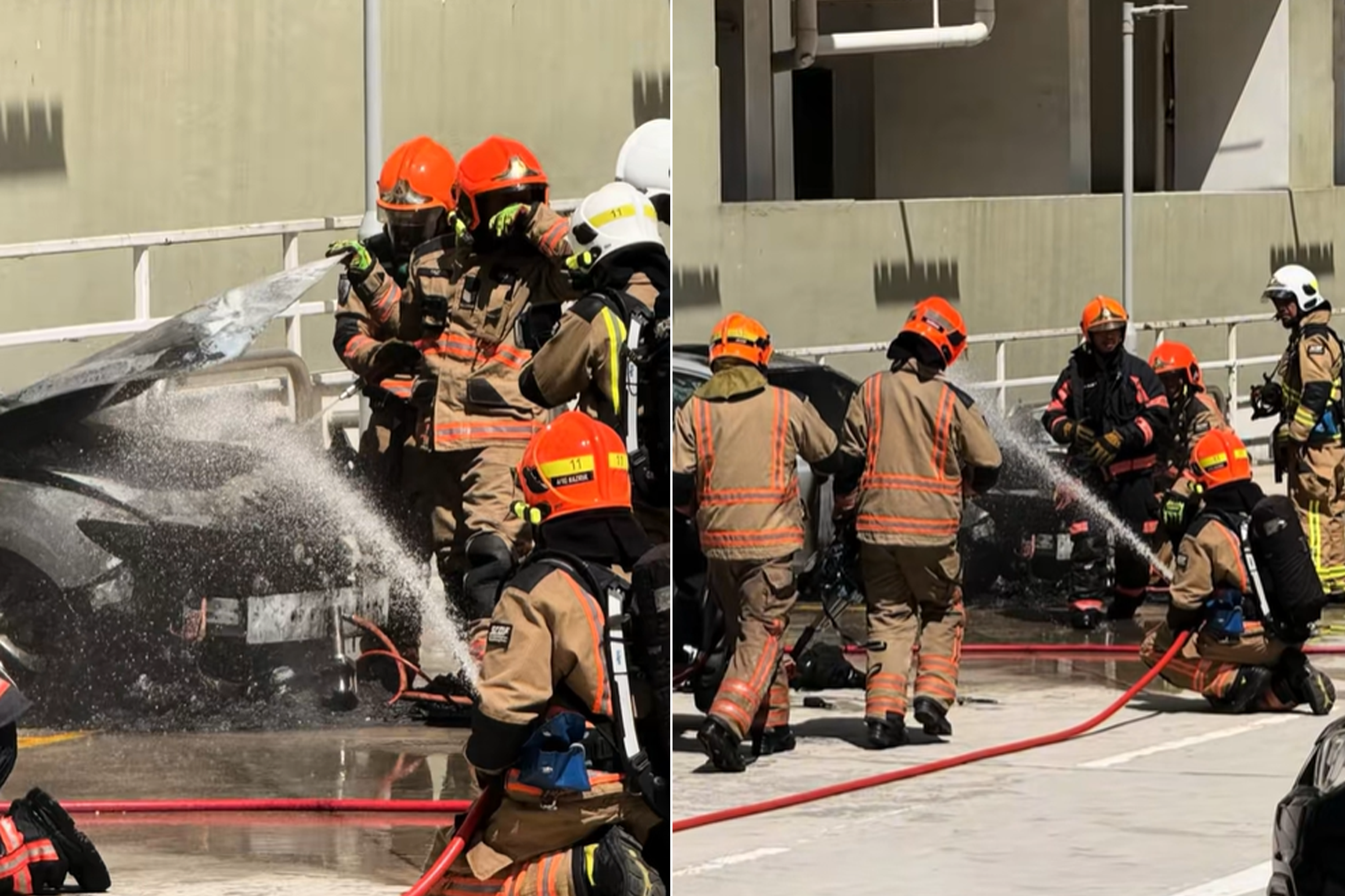 SCDF firefighters tackling the car blaze at Hong Lim Complex carpark on Thursday (April 16) morning.
