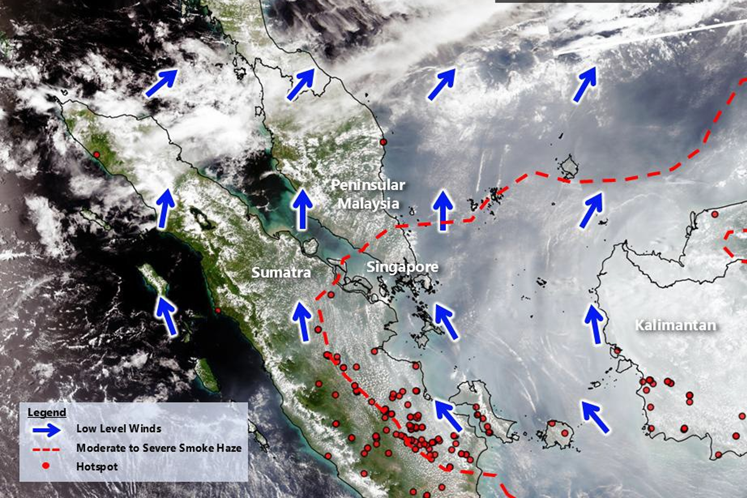 Based on NEA's satellite pass at 3.01pm on Sept 4, smoke plumes from fires in the southern and central parts of Sumatra and various parts of Kalimantan were observed to drift towards Singapore.