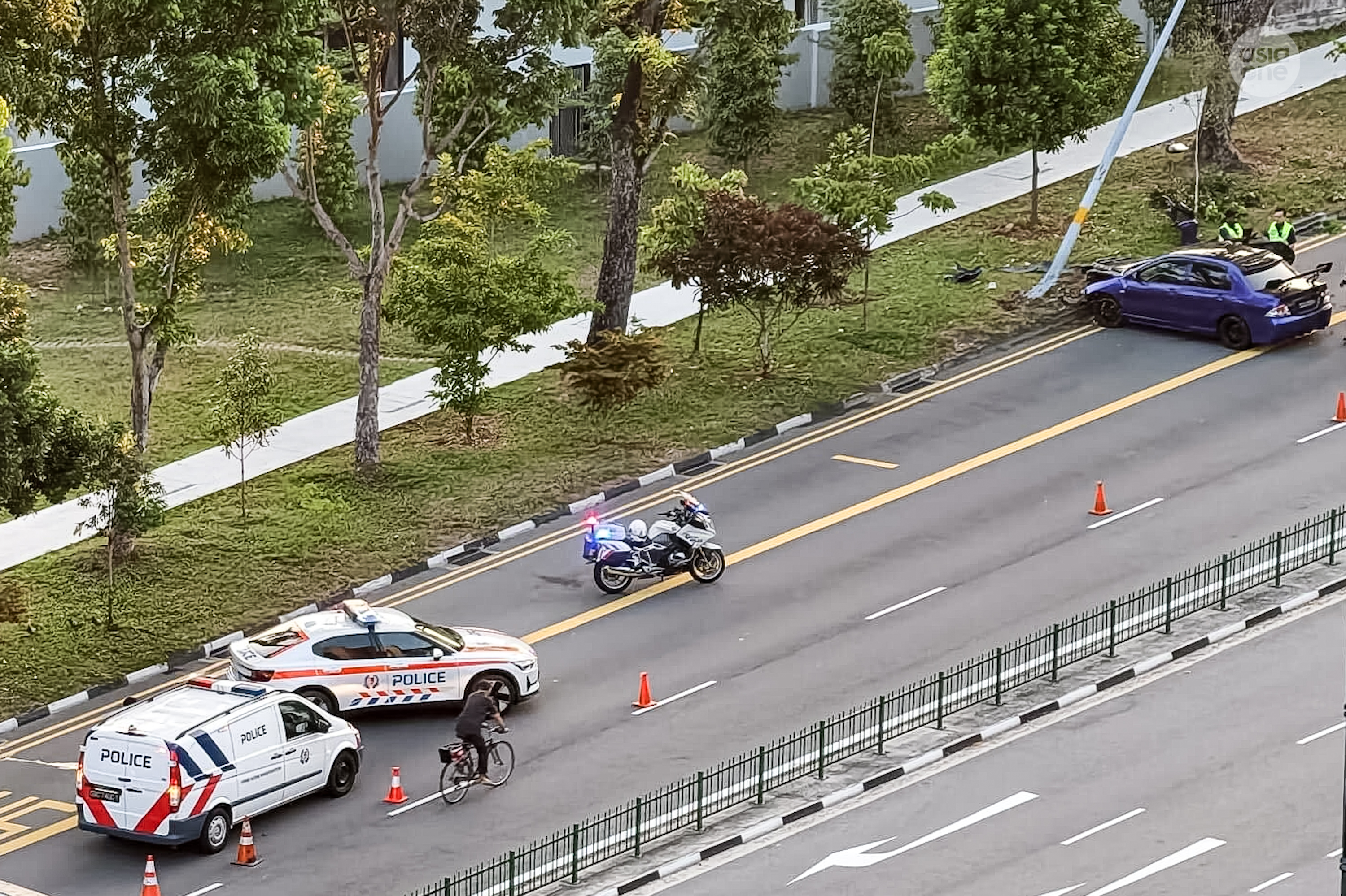 The accident scene along Hougang Avenue 2, towards Hougang Avenue 3.