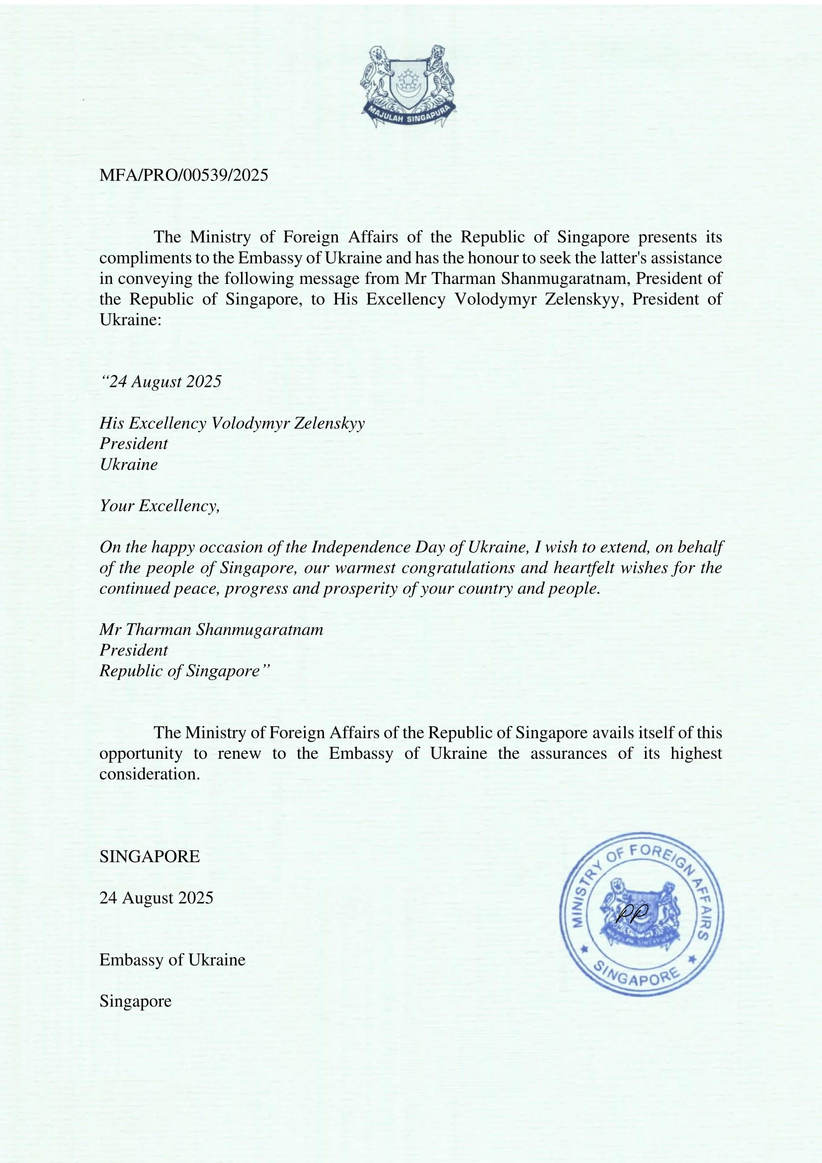 Letter from Singapore President Tharman Shanmugaratnam to Ukrainian President Zelenskiy on Aug 24. 