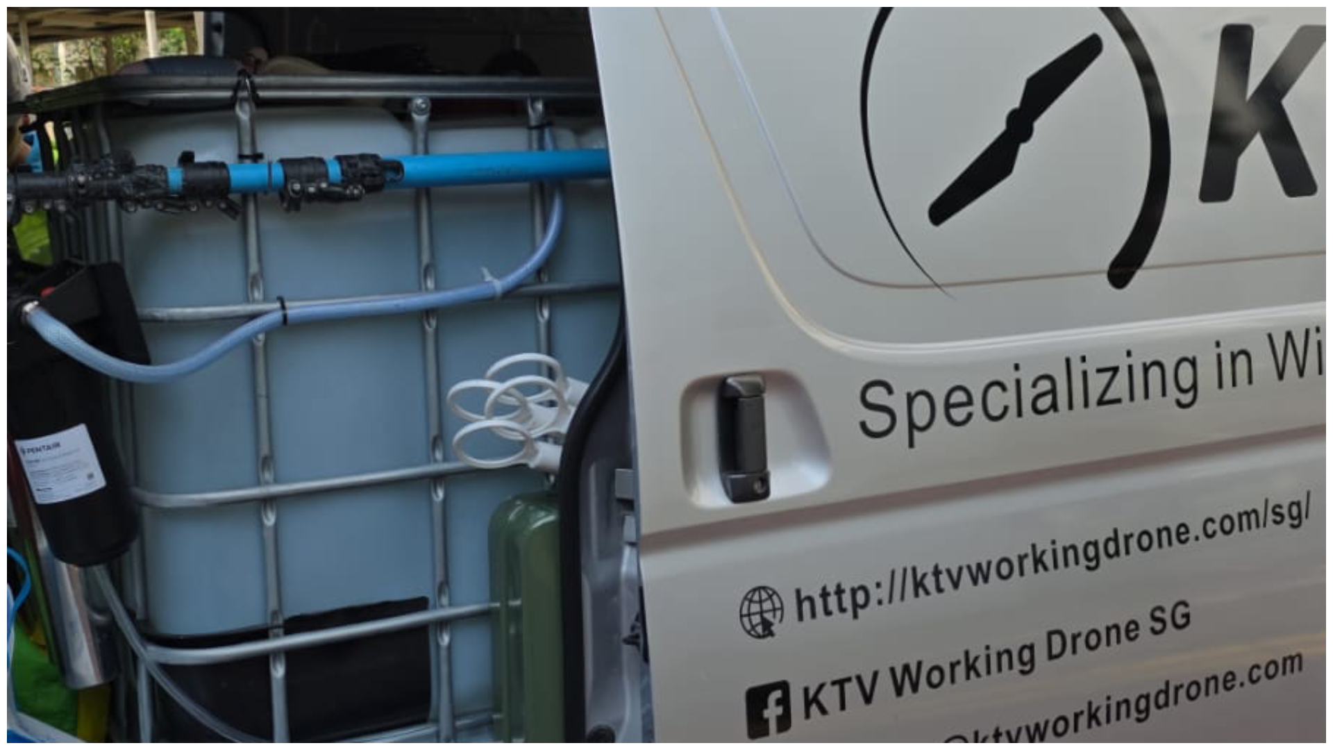 The cleaning drone works in tandem with a mobile van.