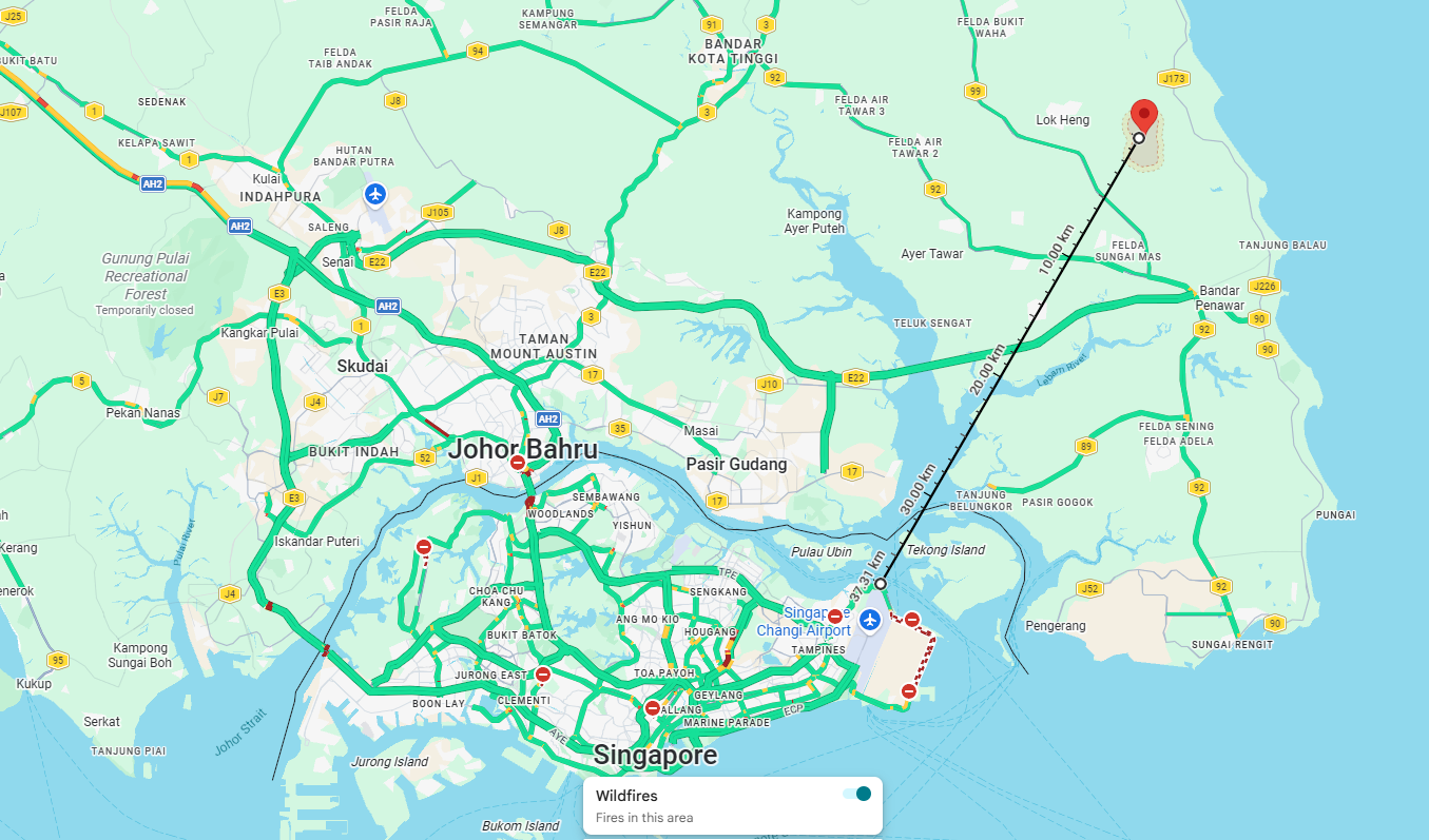 The ongoing fire at Bio Desaru is about 37km to the northeast of Singapore.