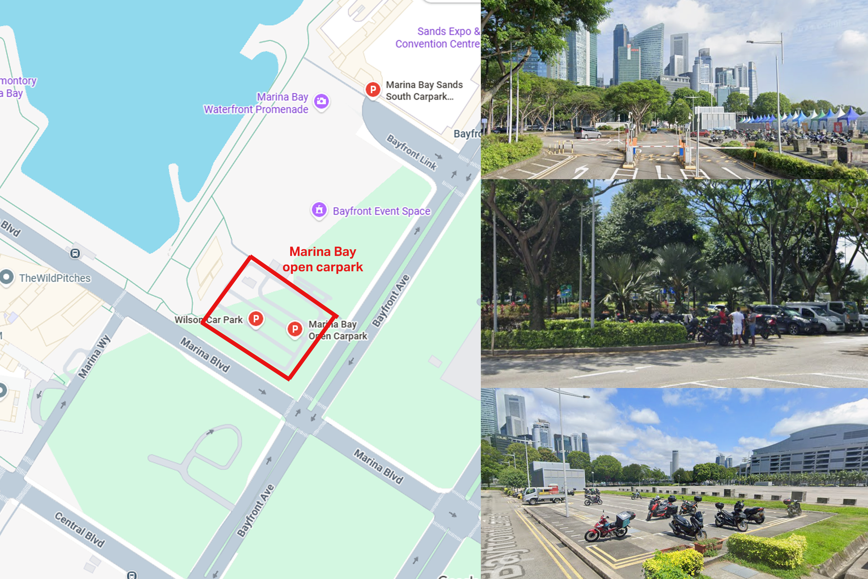 Map showing the Marina Bay open carpark along Bayfront Avenue.