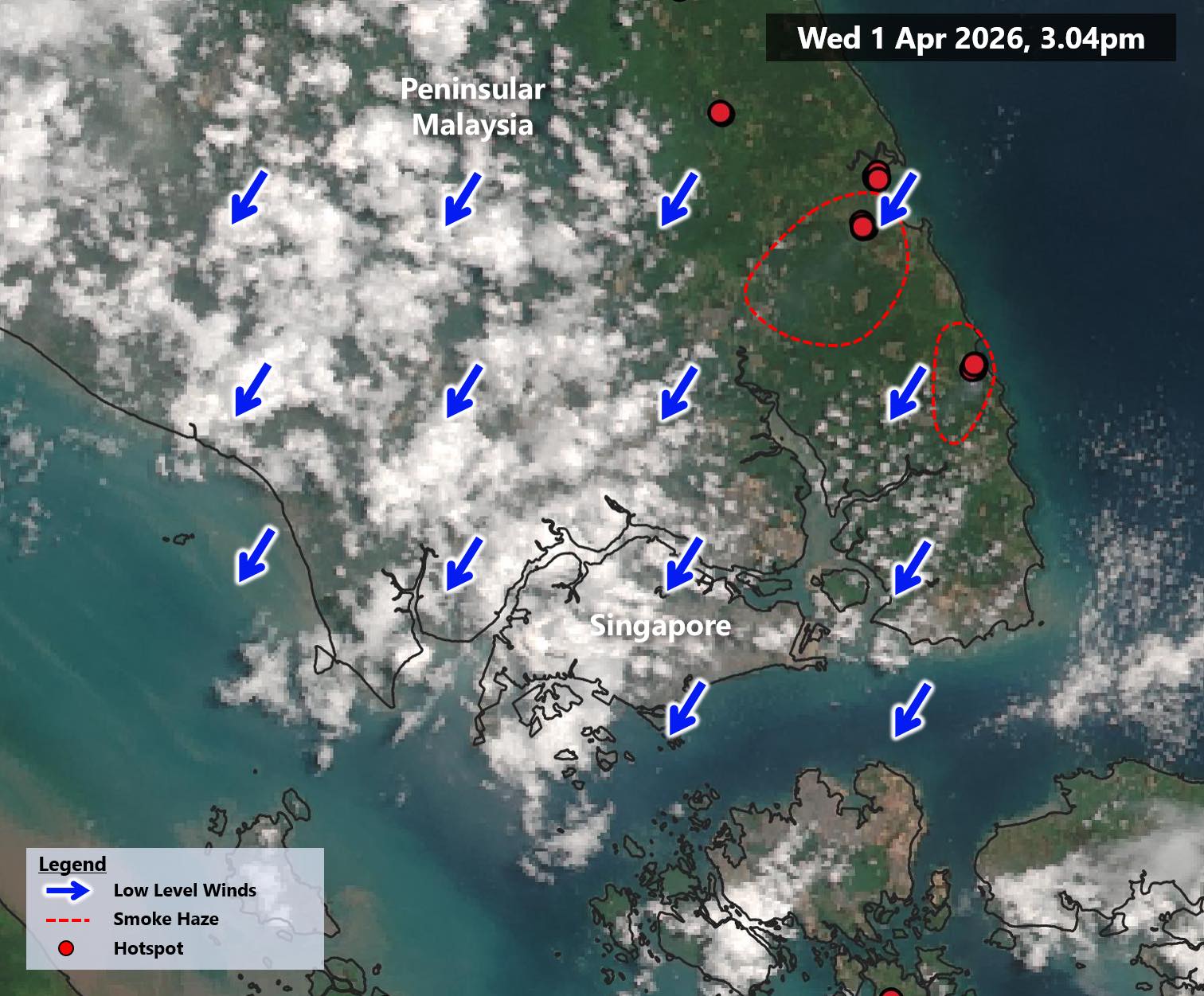 Satellite imagery showing hotspots in eastern Johor taken at 3.04pm.