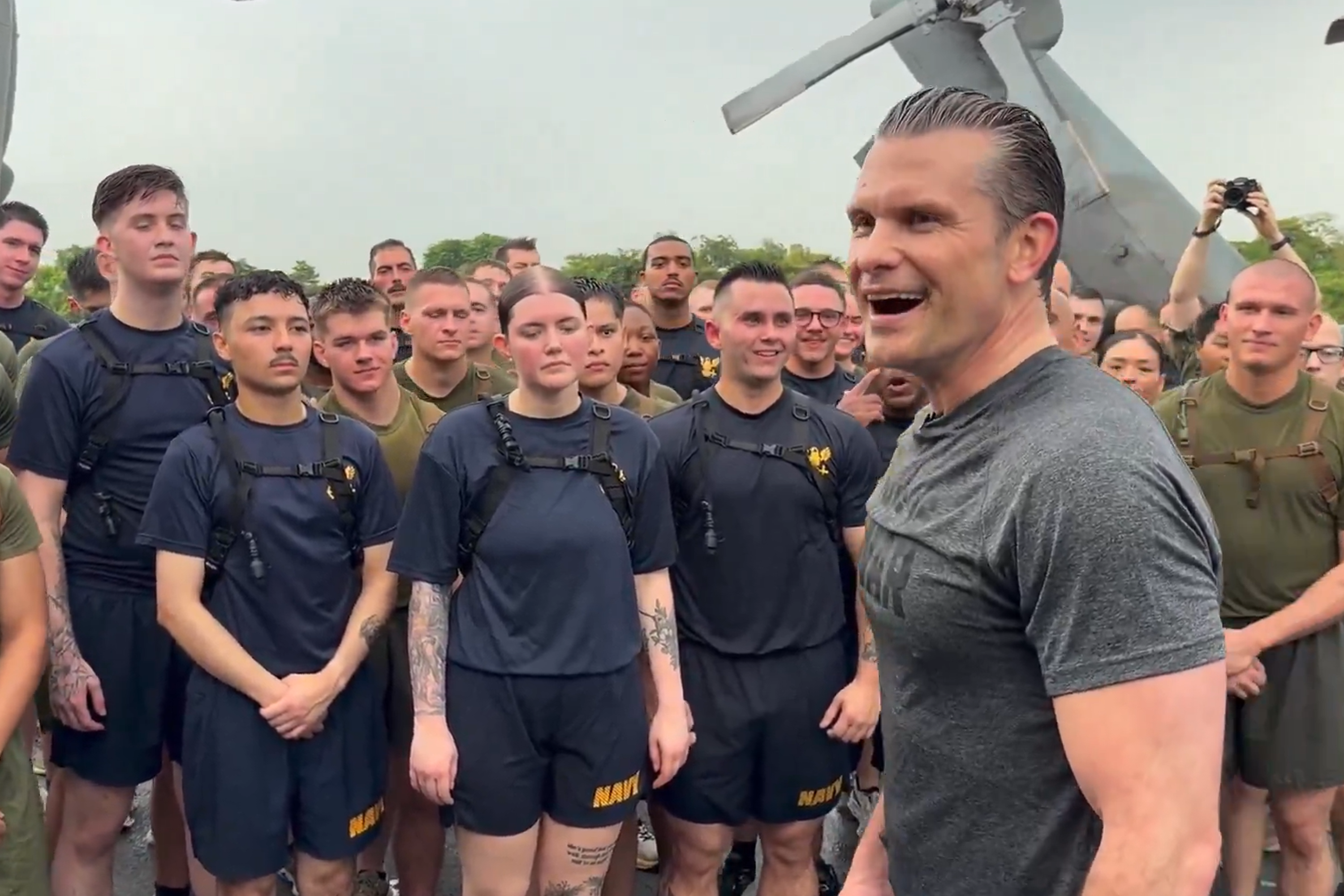 Pete Hegseth addressing sailors and marines on board USS Boxer on Friday (May 29) morning.
