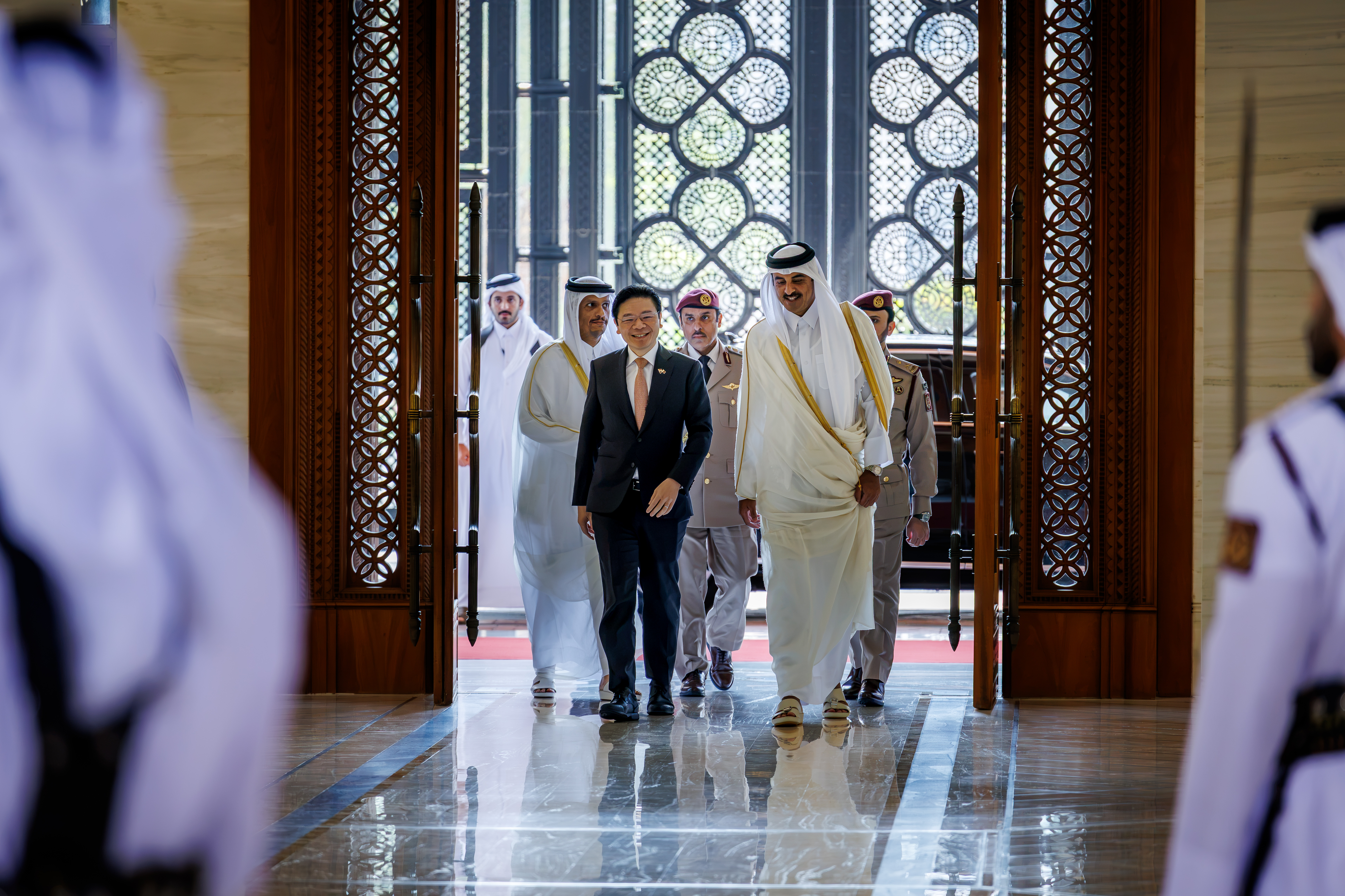 PM Wong and the Singapore delegation were welcomed by Qatar Emir Sheikh Tamim Bin Hamad Al-Thani at the Amiri Diwan in Doha, Qatar on Oct 19.