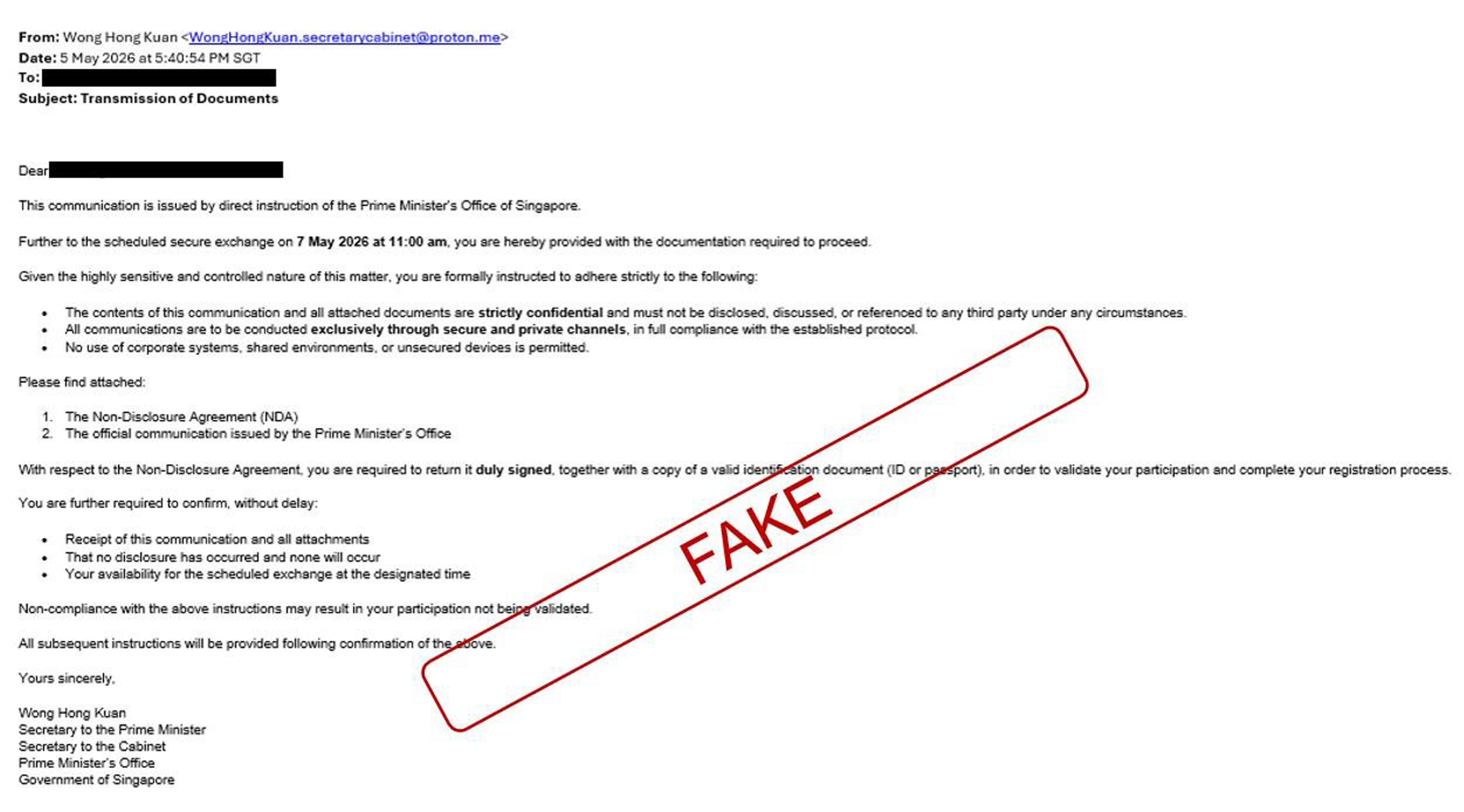 Email received by the victim.
