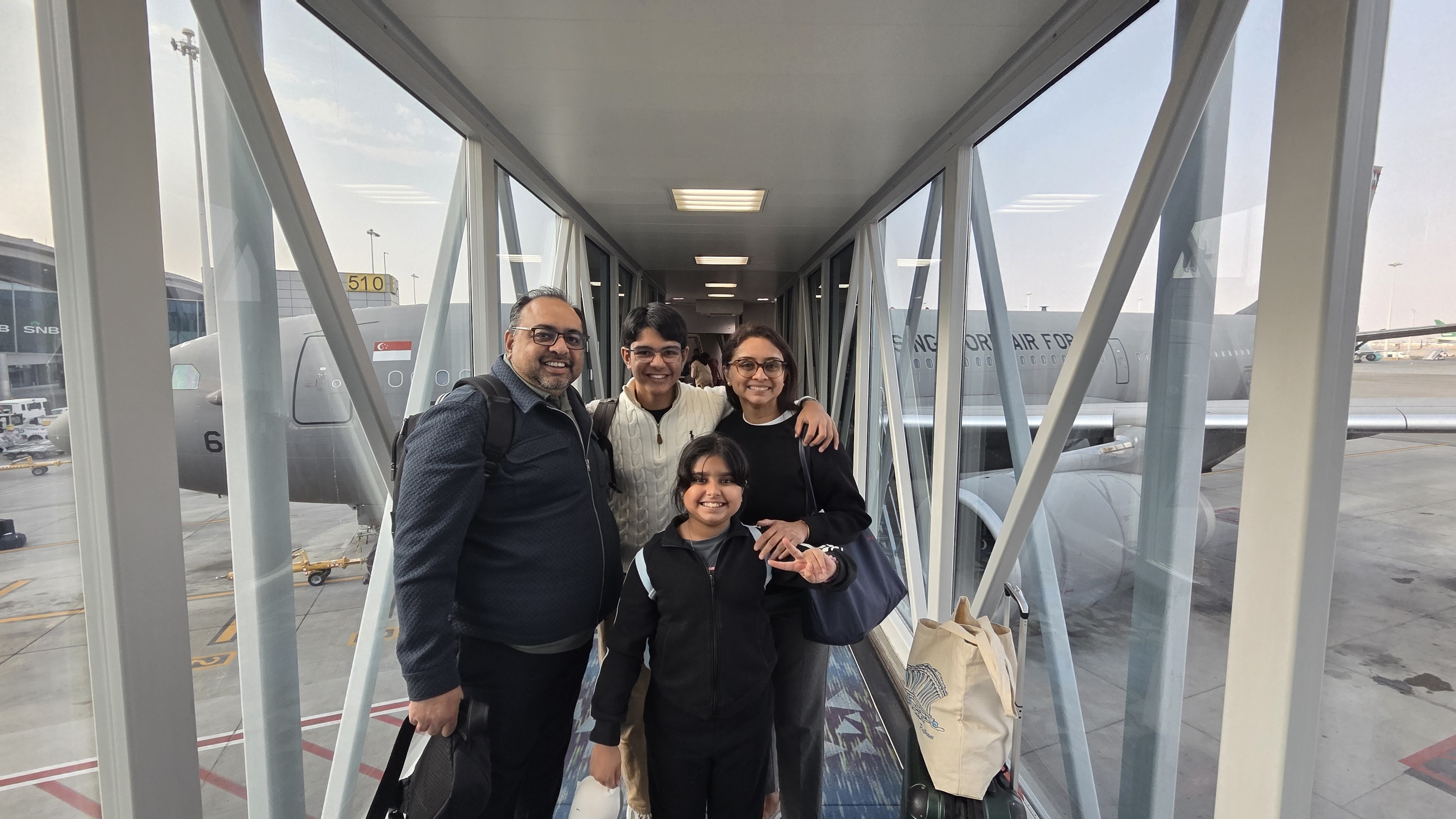 Nisar Keshvani and family before boarding the RSAF A330 MRTT at King Khalid International Airport on March 10.