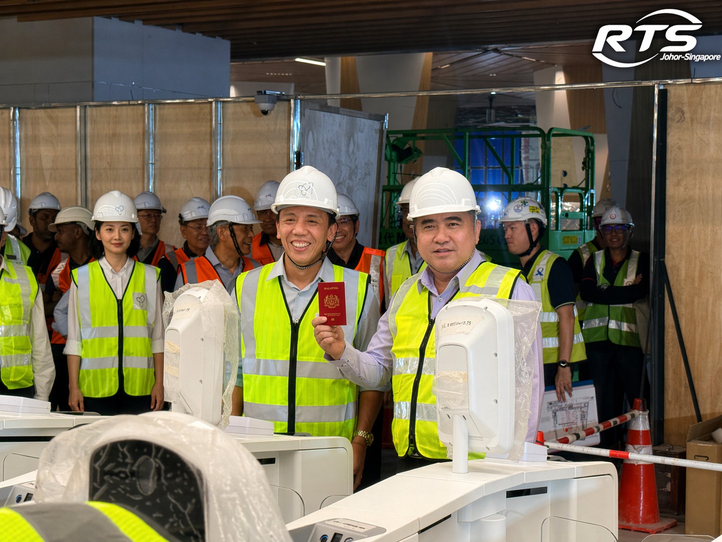 Acting Transport Minister Jeffrey Siow (left) with his Malaysian counterpart Anthony Loke (right, holding up passport) at Woodlands North station on April 22. 