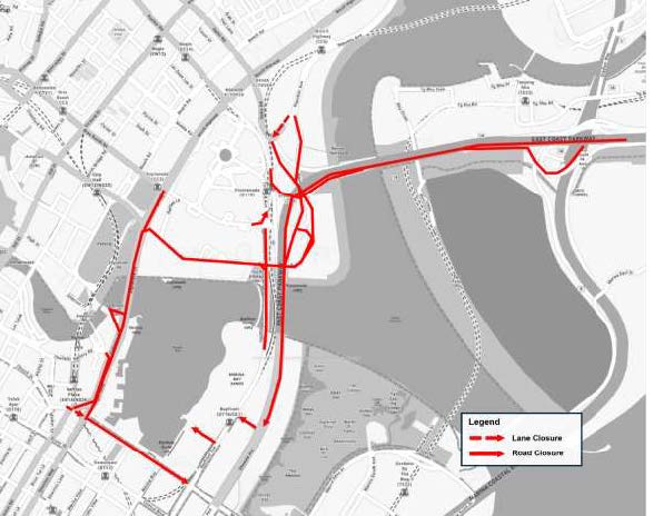 Road and lane closures around Marina Bay.