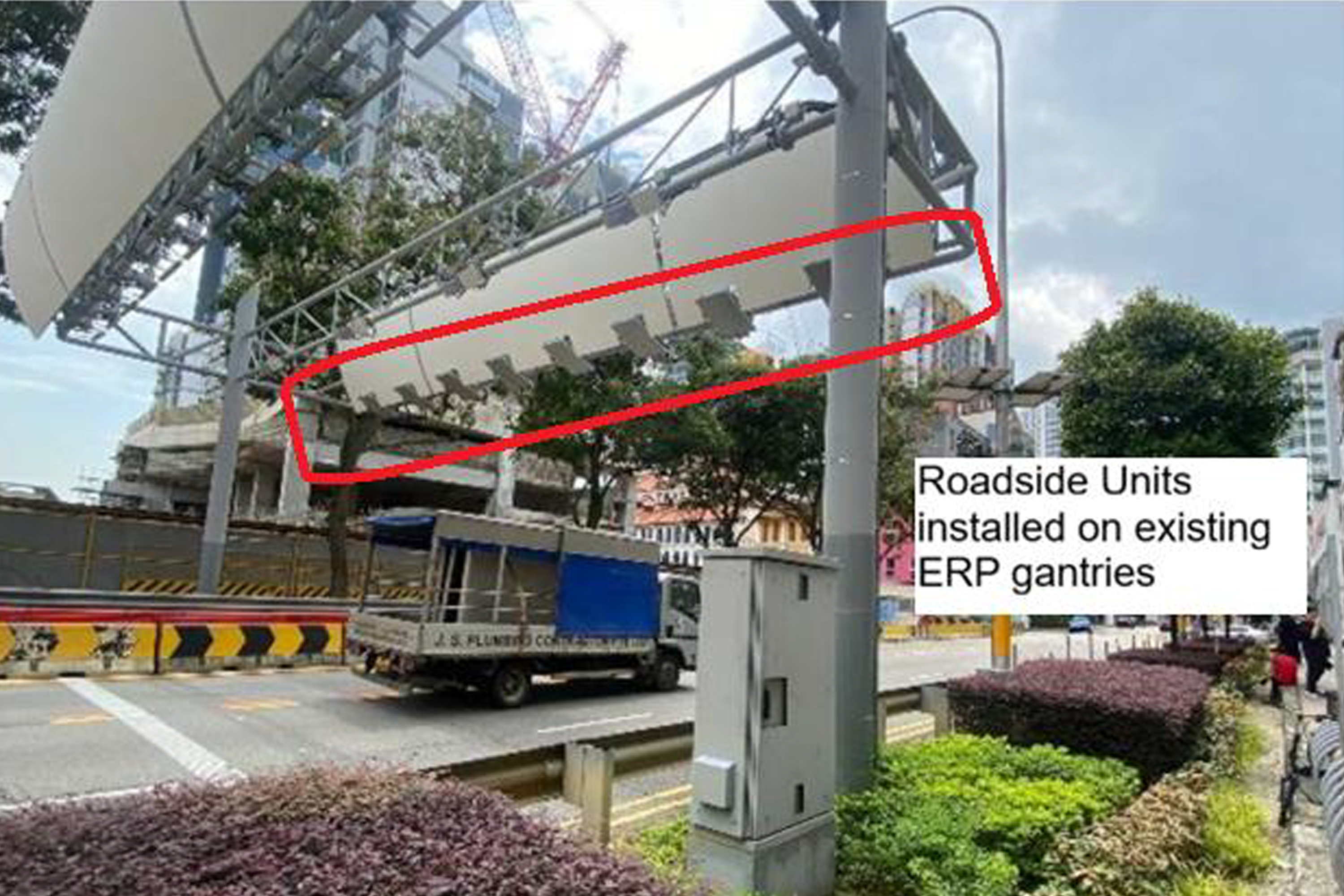 Photo shows roadside units installed on an existing ERP gantry to support satellite connectivity.