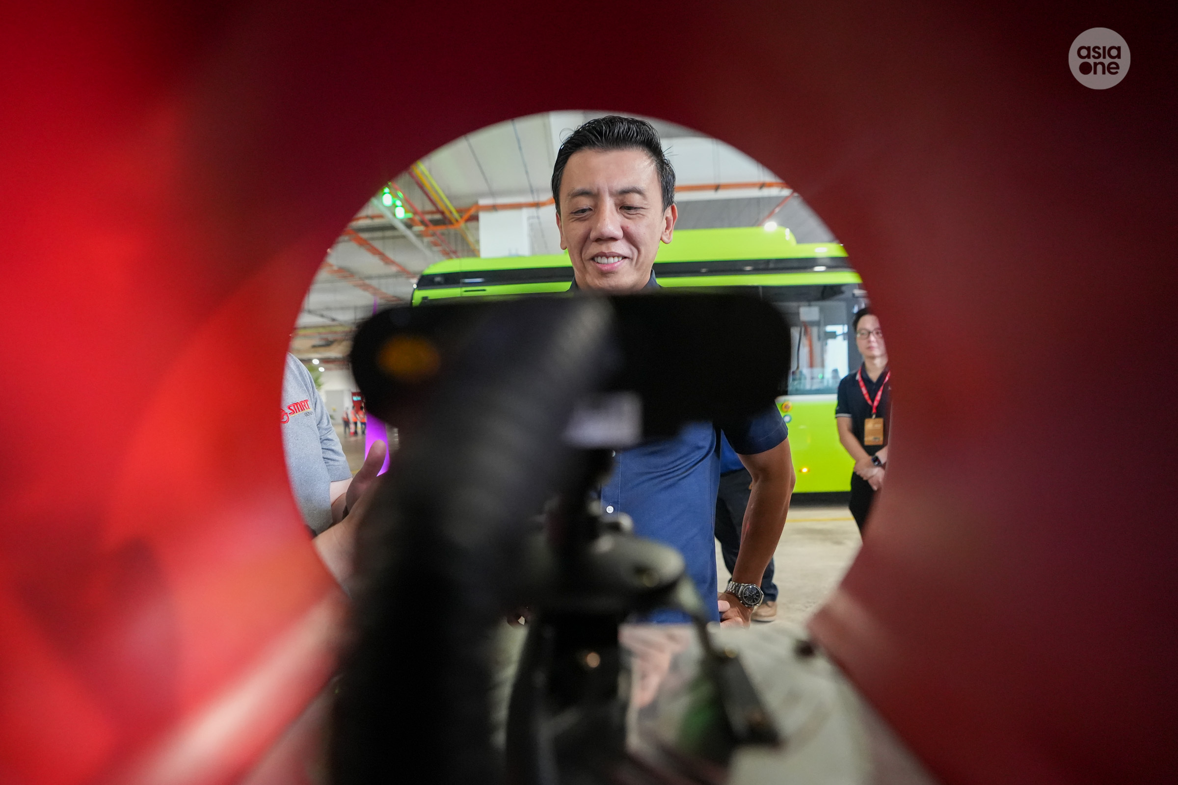 Minister for Transport Jeffrey Siow trying out the fatigue sensor. All buses operated by SMRT are fitted with telematics, including fatigue sensors.
