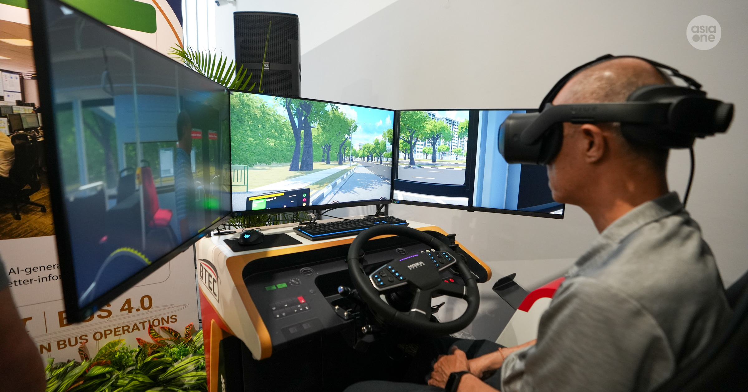 A bus captain attending virtual reality training. This training curriculum allows SMRT's bus captains to practice challenging driving scenarios in a safe, controlled environment. 