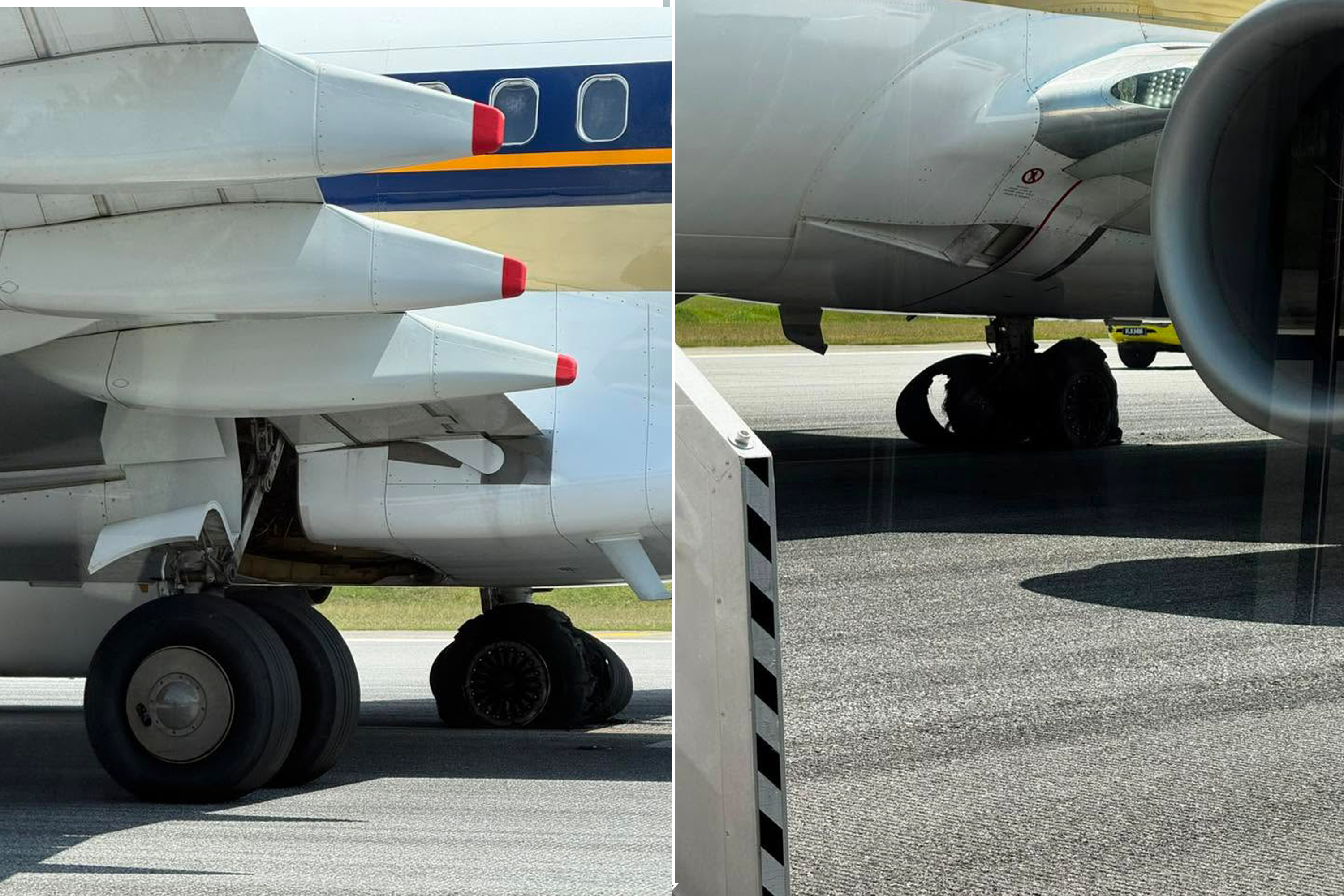 Burst tyres on the Boeing 737's left main landing gear.