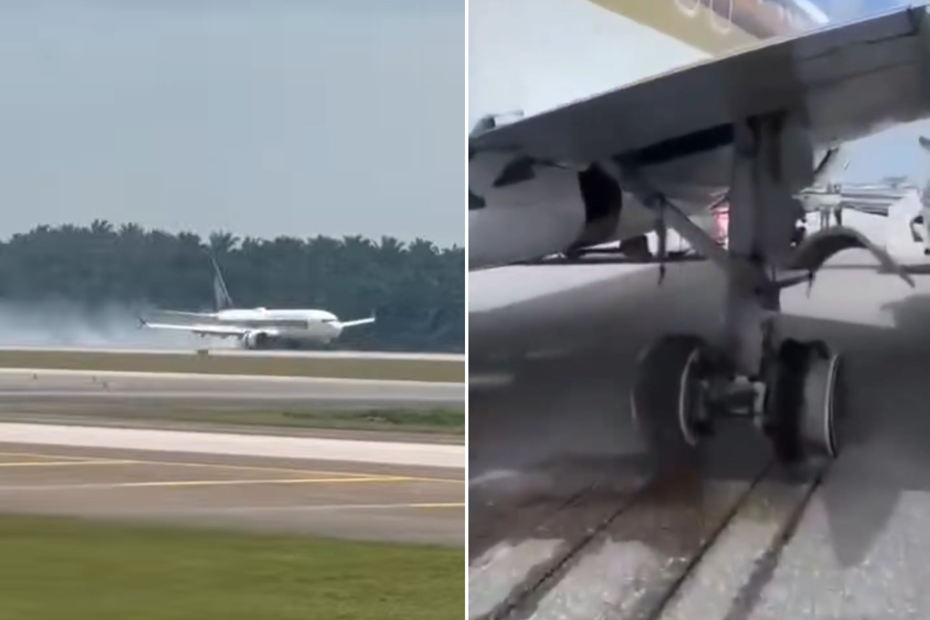 Smoke seen coming off the aircraft's tires about 15 seconds after it landed (left), while scratch marks are seen along the taxiway at KLIA (right). PHOTO: MASWengs (left), Ahmad Farety