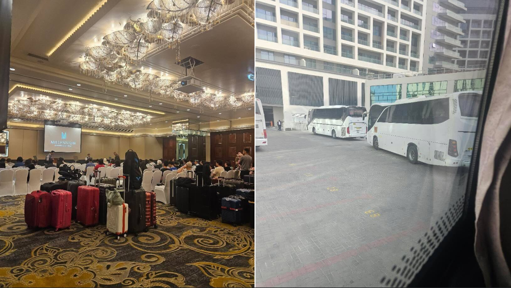 Pre-departure briefing for Singapore travellers in Dubai and the bus ride to Muscat in Oman.