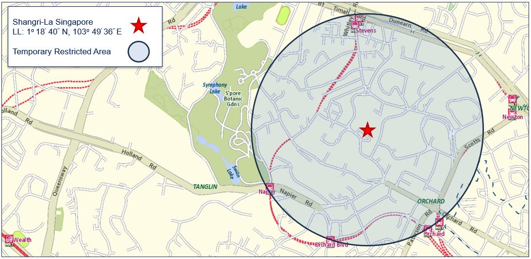 Map showing the TRA area - a 1-kilometre radius from the venue.