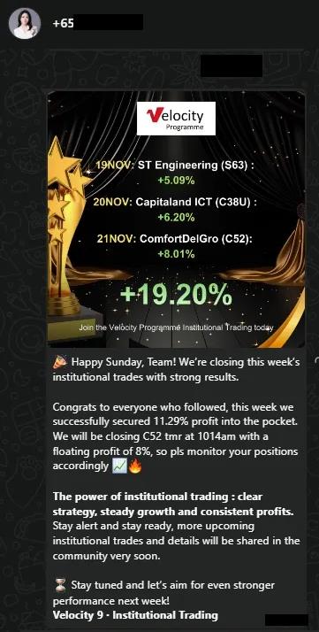 Screenshot showing a scammer claiming investment success.