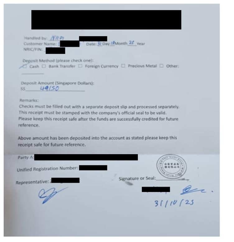 Example of a document provided to victim upon handing over cash.