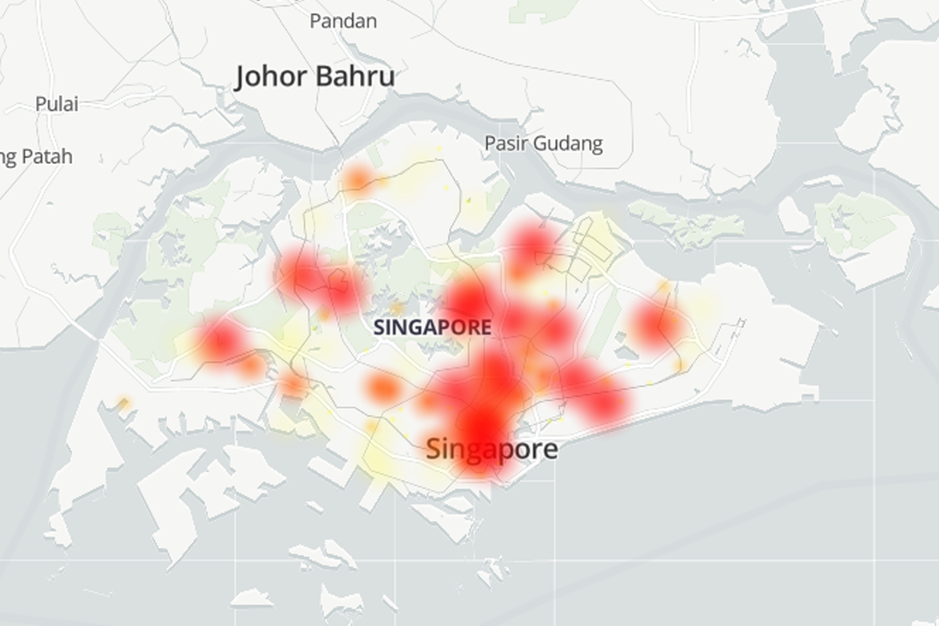 Map showing reported Singtel mobile network issues.