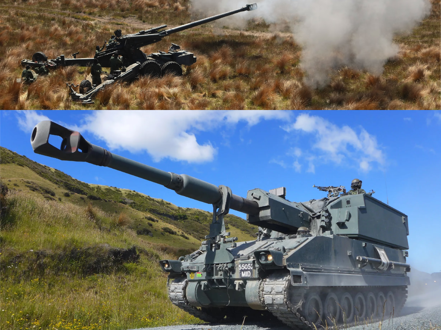 The Singapore army's FH-2000 (top) and SSPH Primus (bottom).